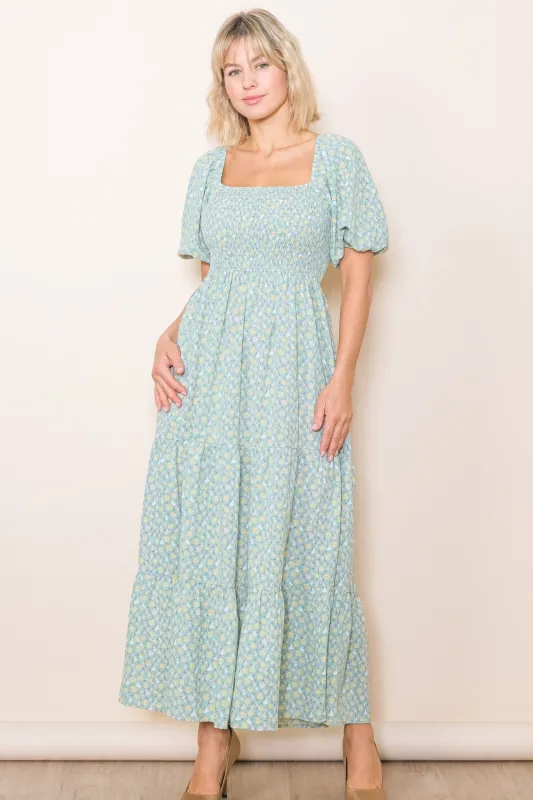 Mint Floral Smocked Tiered Maxi Dress sold by Pinkblush