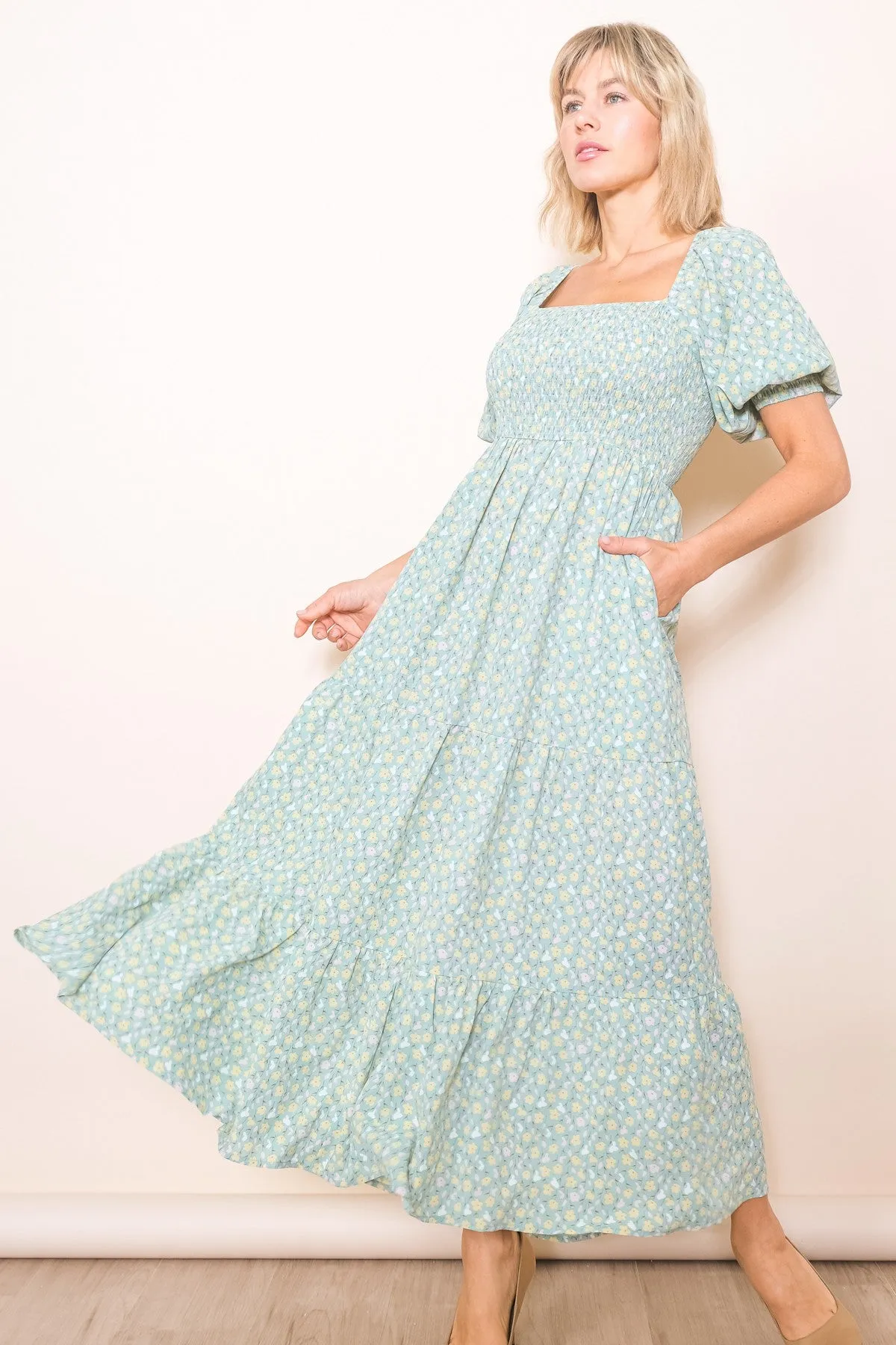 Mint Floral Smocked Tiered Maxi Dress sold by Pinkblush product image thumbnail 2