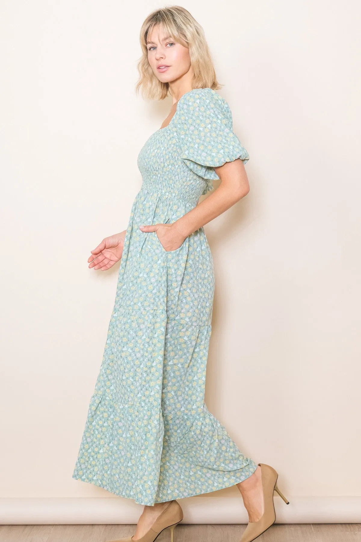 Mint Floral Smocked Tiered Maxi Dress sold by Pinkblush product image thumbnail 3