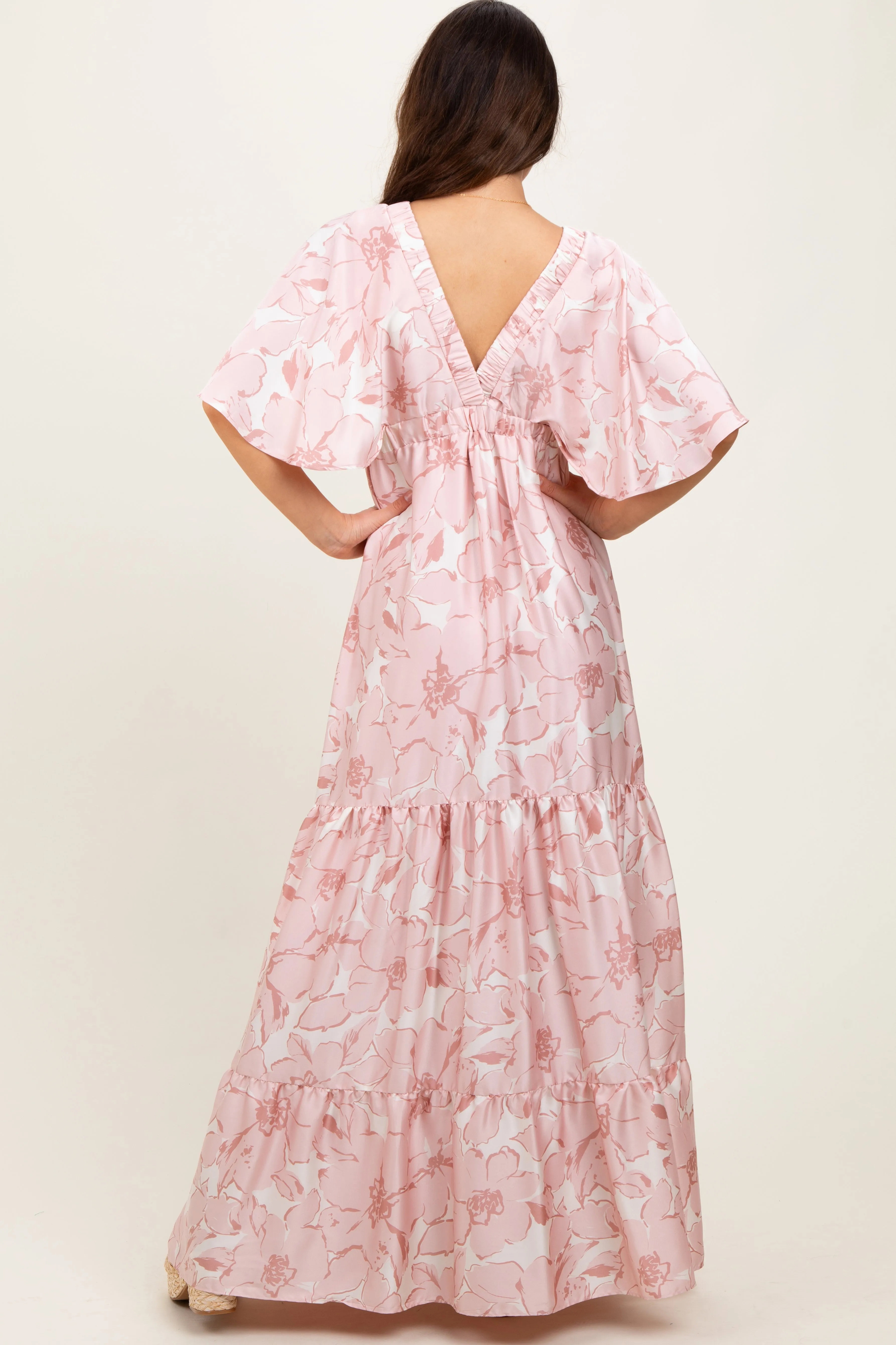 Pink Floral Short Sleep Deep V-Neck Tiered Maxi Dress sold by Pinkblush product image thumbnail 4