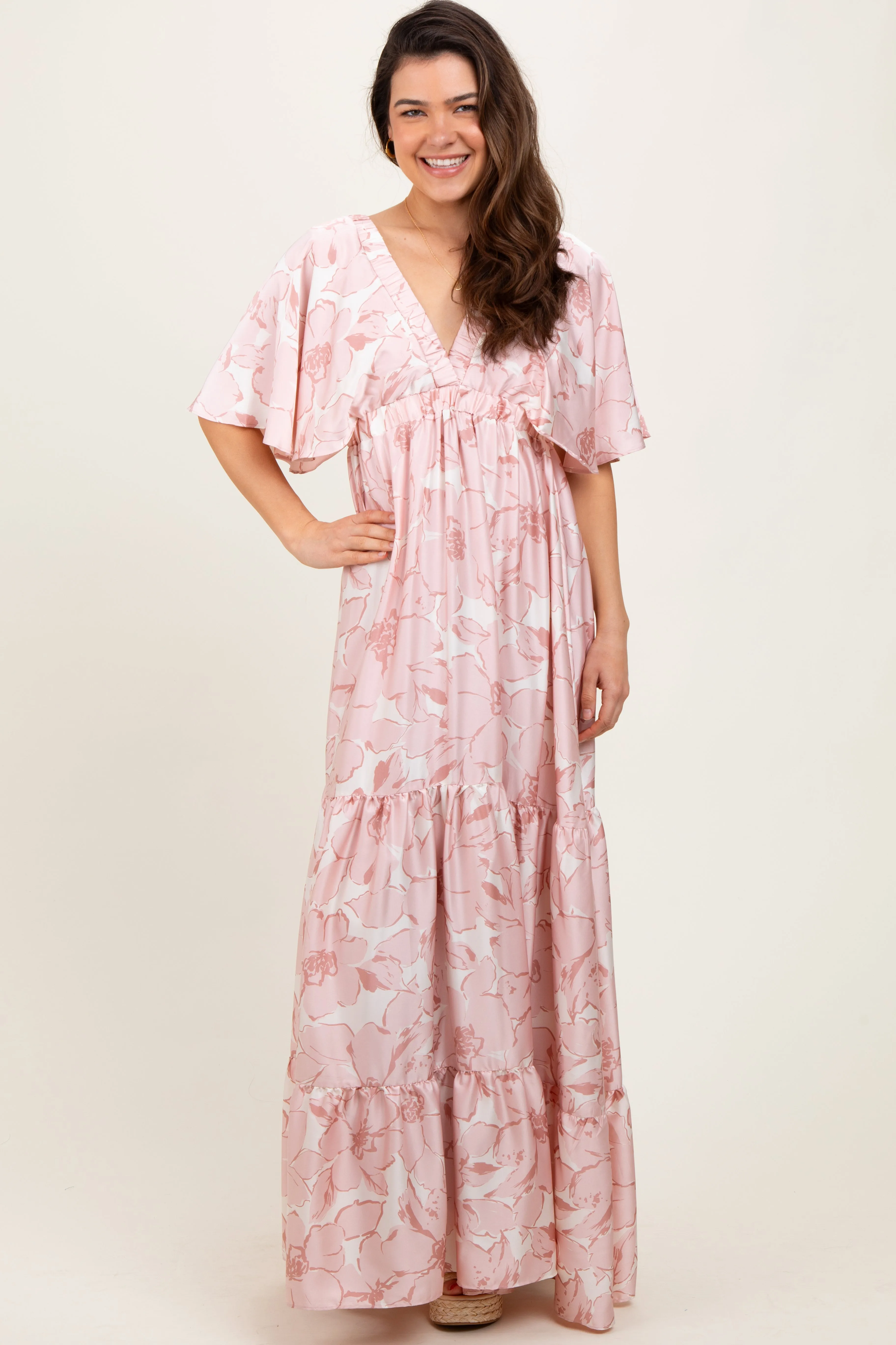 Pink Floral Short Sleep Deep V-Neck Tiered Maxi Dress sold by Pinkblush