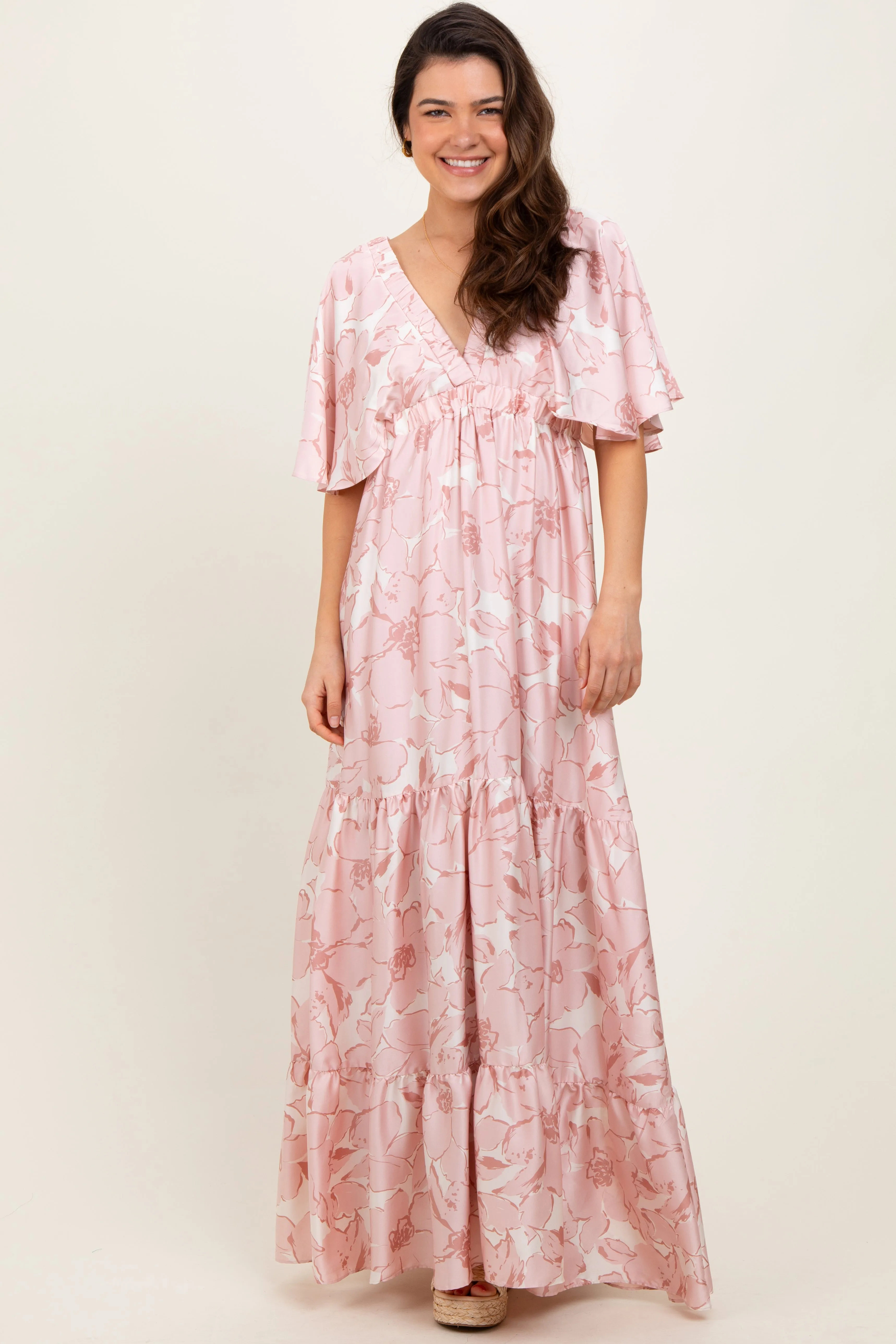 Pink Floral Short Sleep Deep V-Neck Tiered Maxi Dress sold by Pinkblush product image thumbnail 2