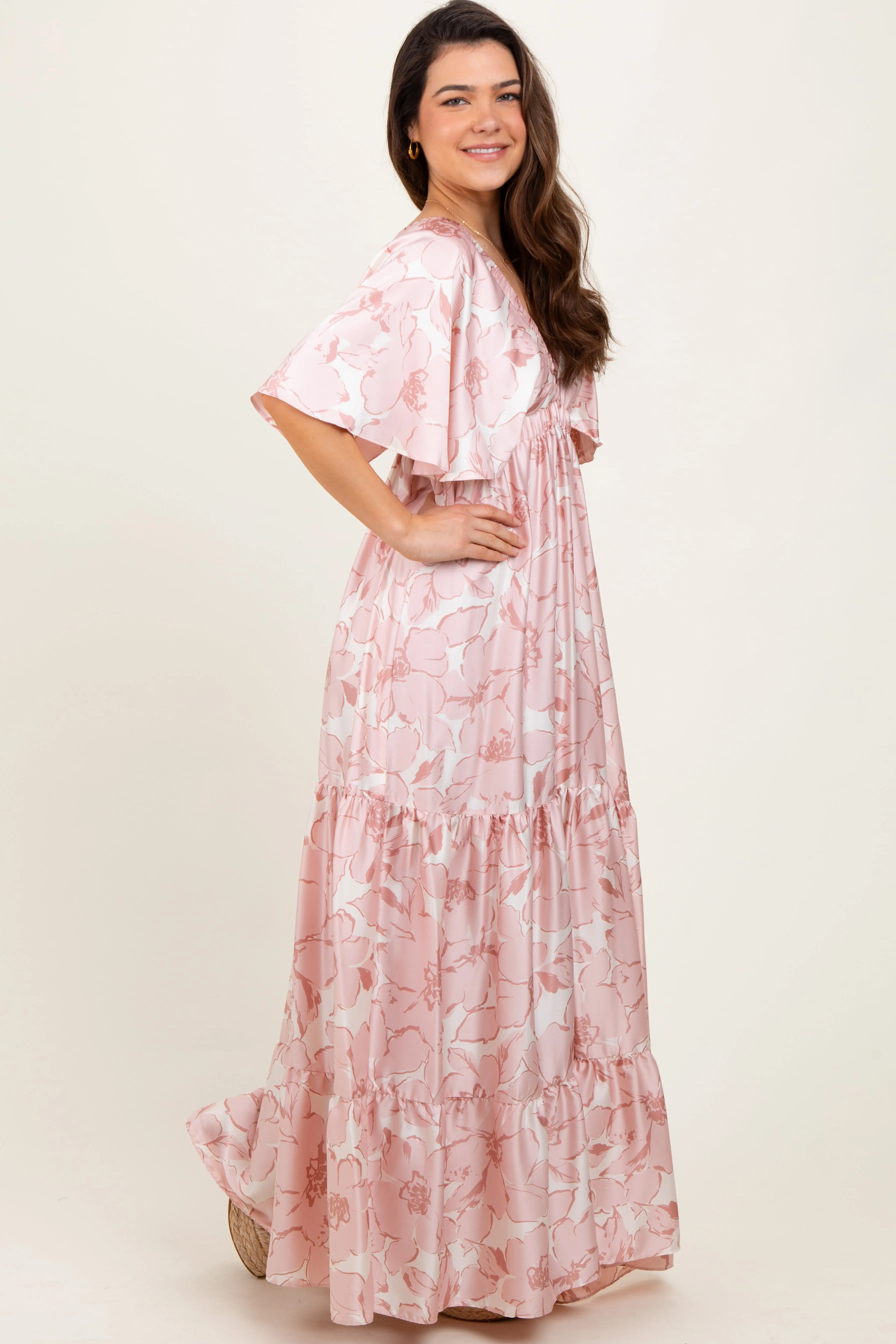 Pink Floral Short Sleep Deep V-Neck Tiered Maxi Dress sold by Pinkblush product image thumbnail 3
