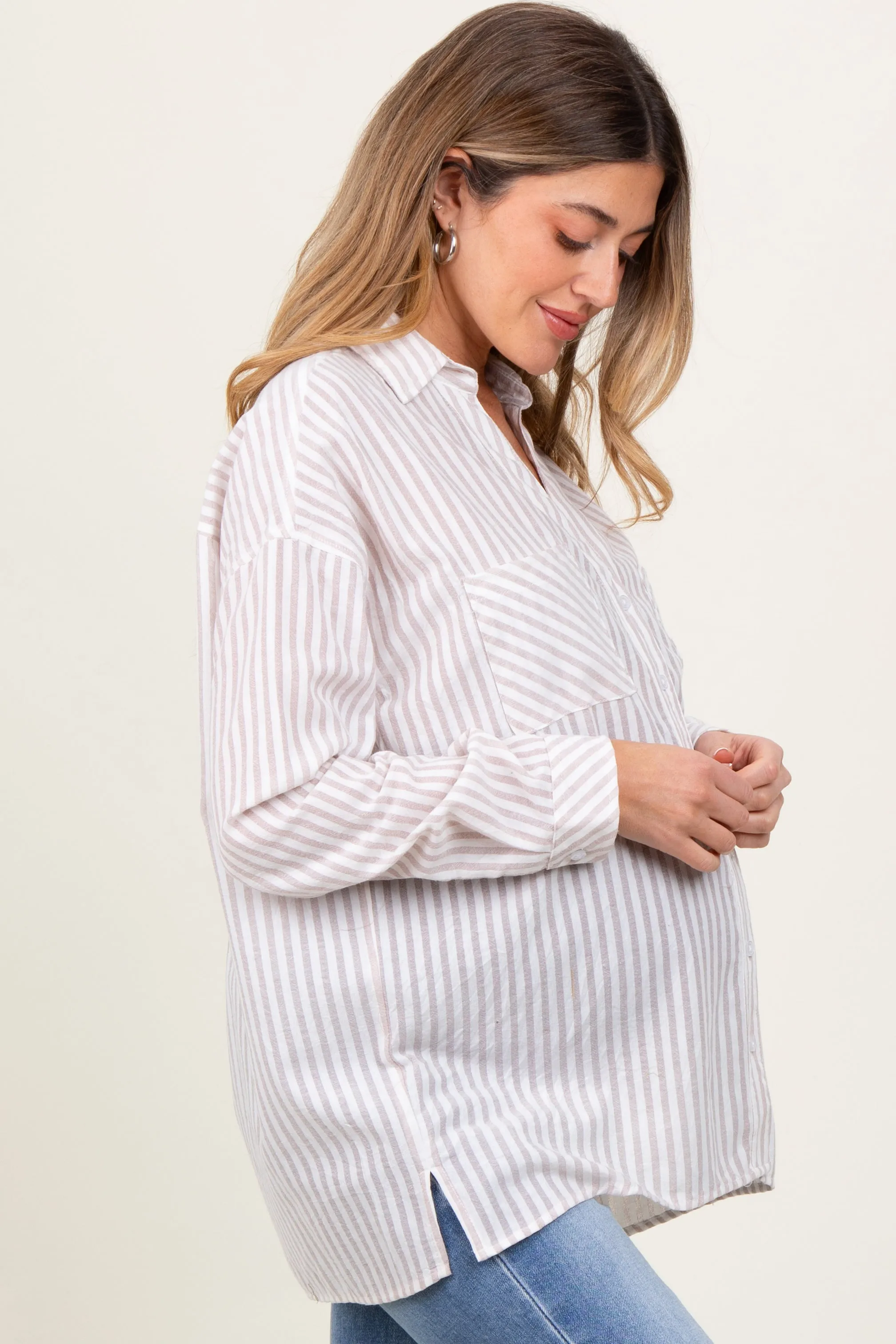 Beige Striped Double Pocket Maternity Button Down Top sold by Pinkblush product image thumbnail 2