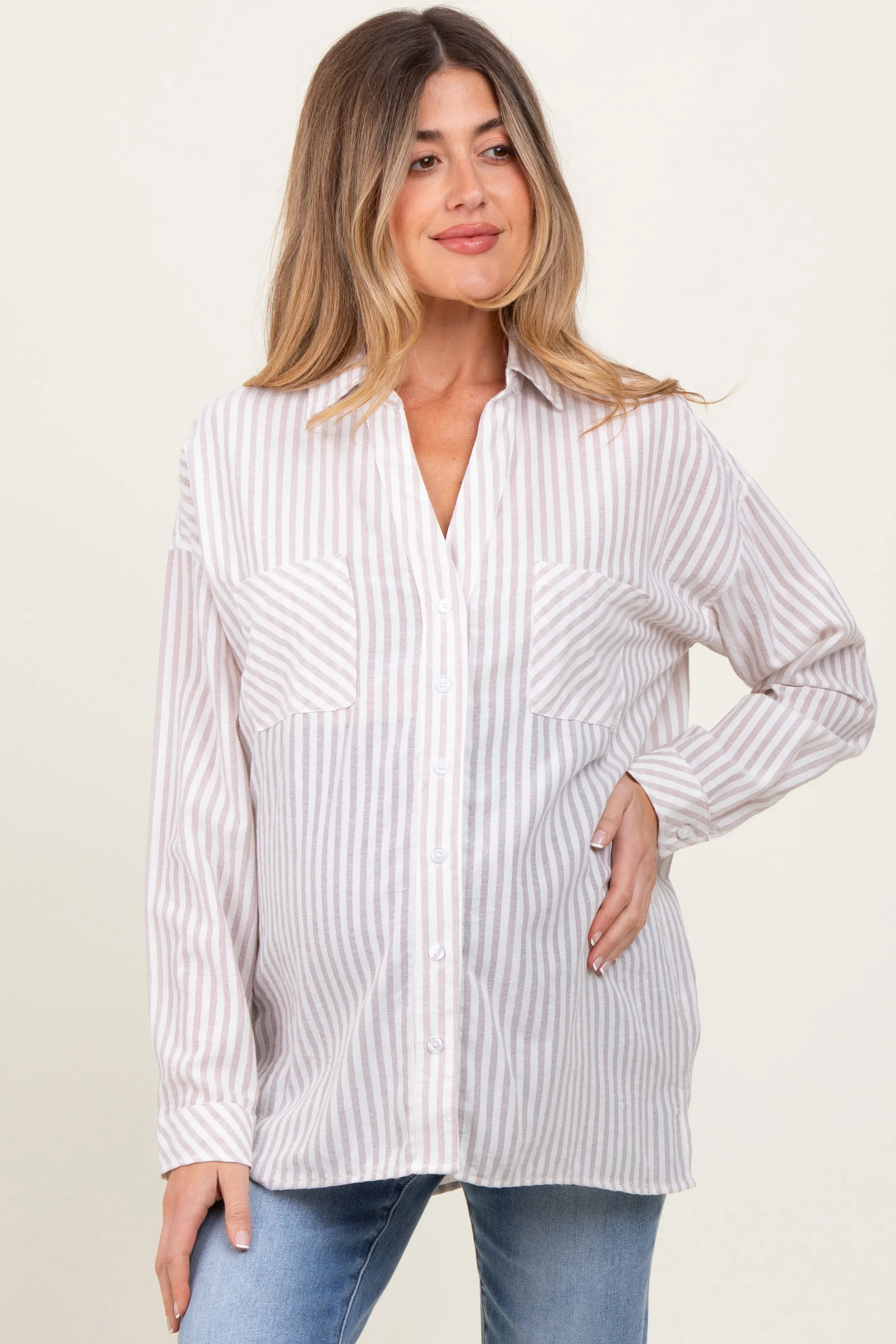 Beige Striped Double Pocket Maternity Button Down Top sold by Pinkblush