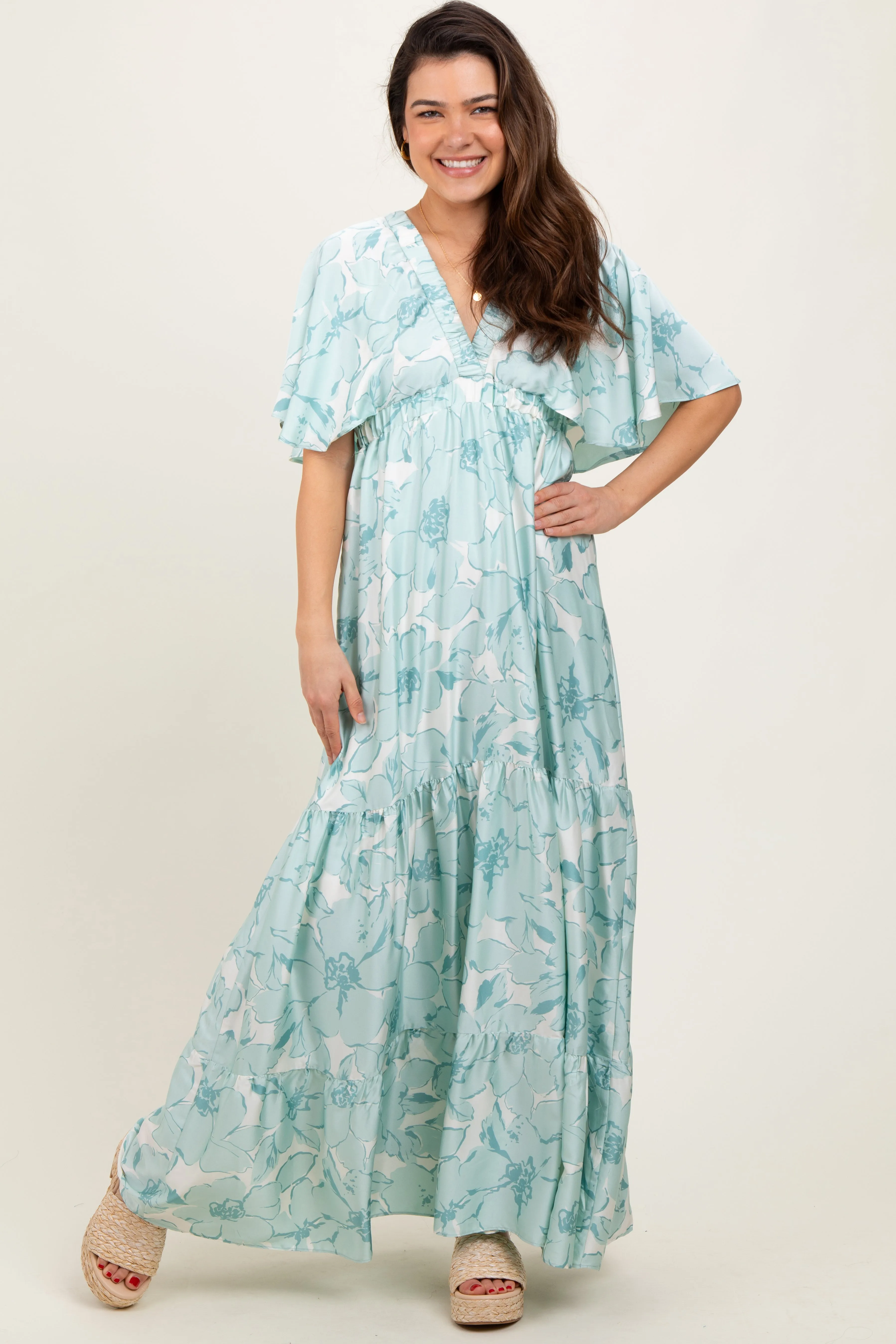 Sage Floral Short Sleep Deep V-Neck Tiered Maxi Dress sold by Pinkblush