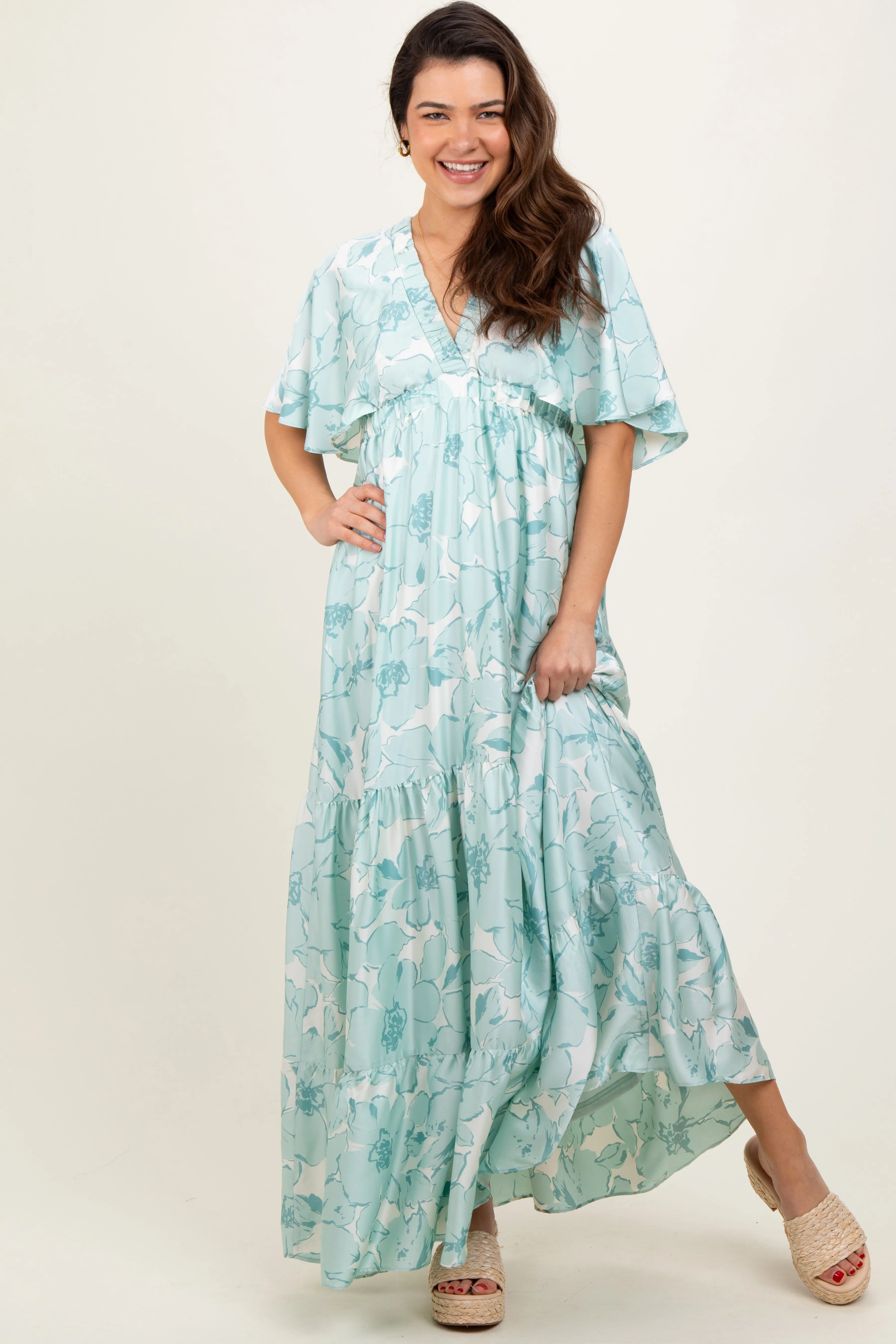 Sage Floral Short Sleep Deep V-Neck Tiered Maxi Dress sold by Pinkblush product image thumbnail 2