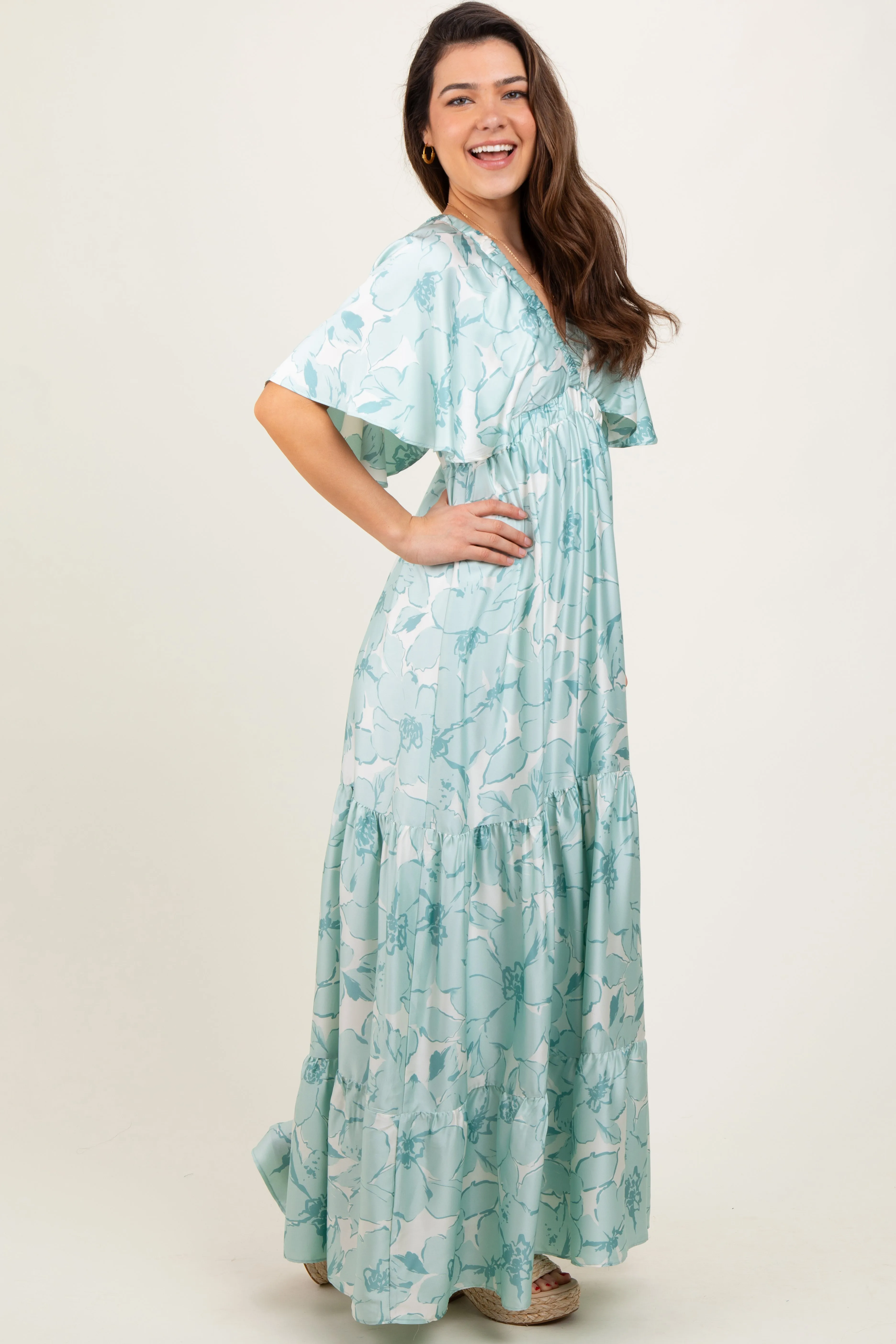 Sage Floral Short Sleep Deep V-Neck Tiered Maxi Dress sold by Pinkblush product image thumbnail 3