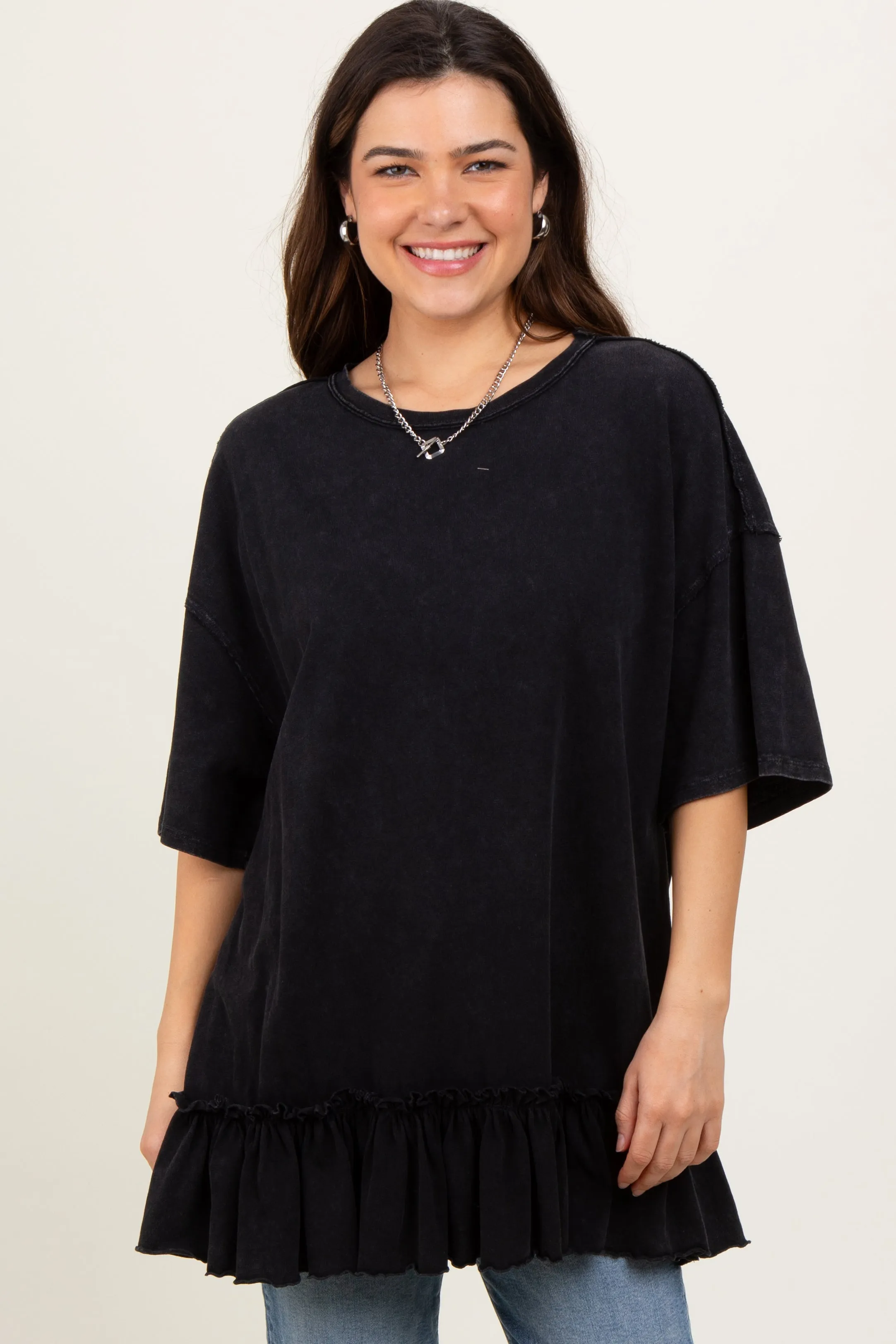 Black Relaxed Ruffled Tunic Top sold by Pinkblush