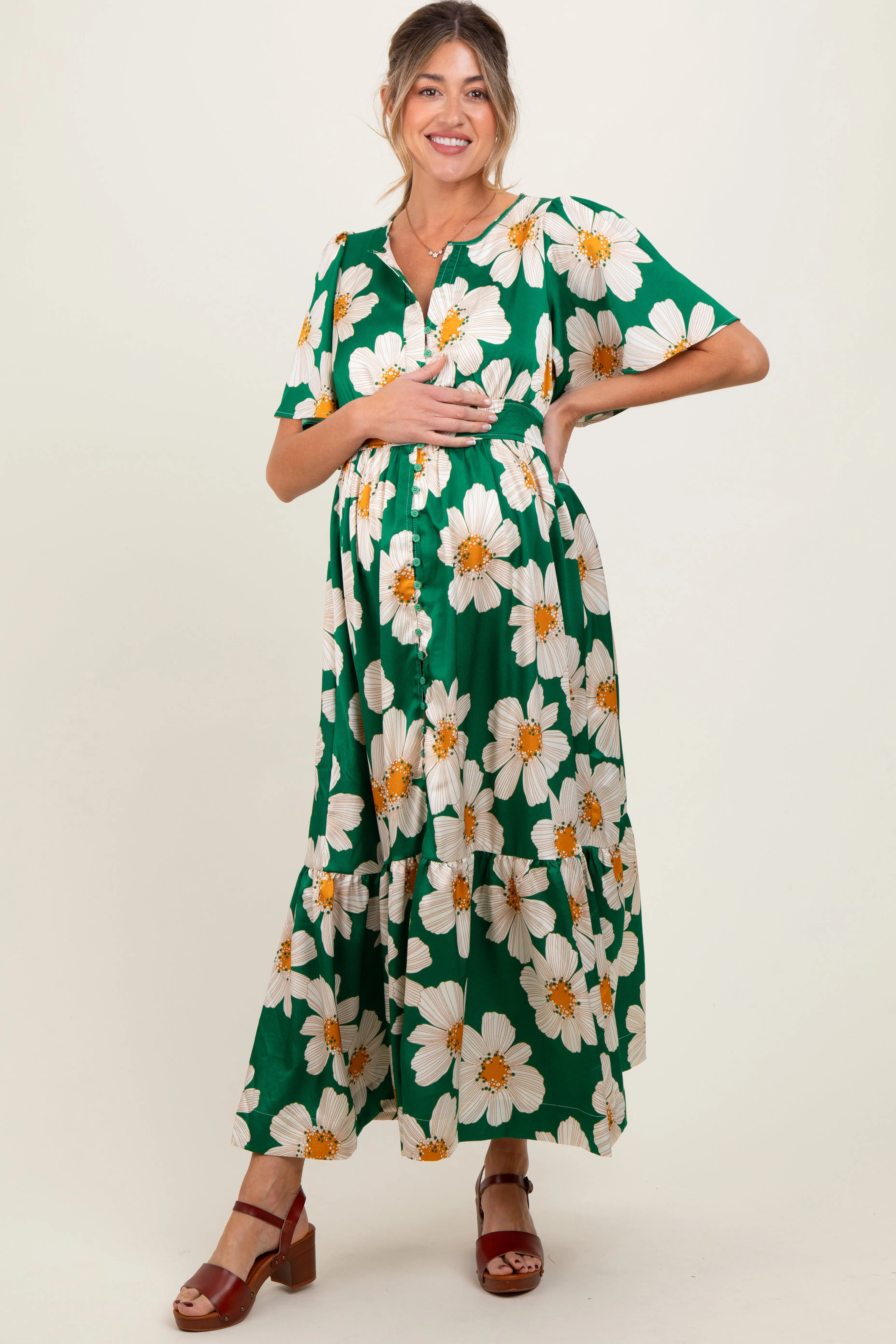 Emerald Notched Collar Floral Button Down Maternity Maxi Dress sold by Pinkblush product image thumbnail 2