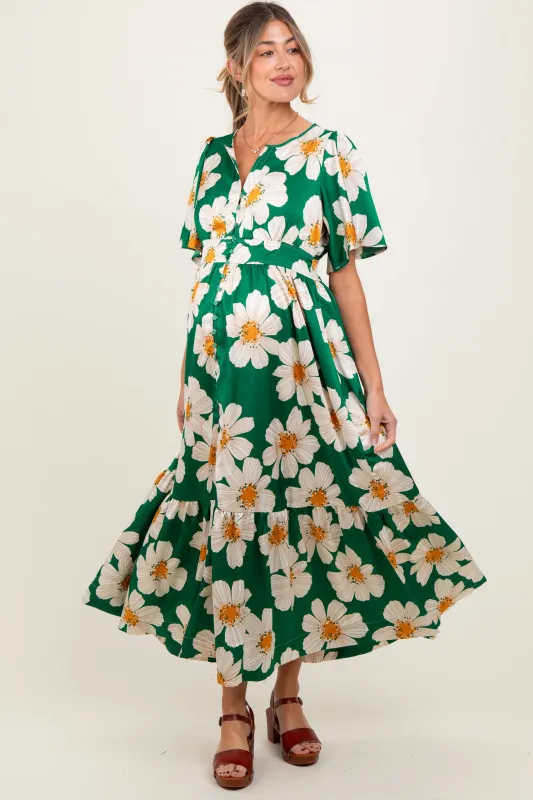 Emerald Notched Collar Floral Button Down Maternity Maxi Dress sold by Pinkblush