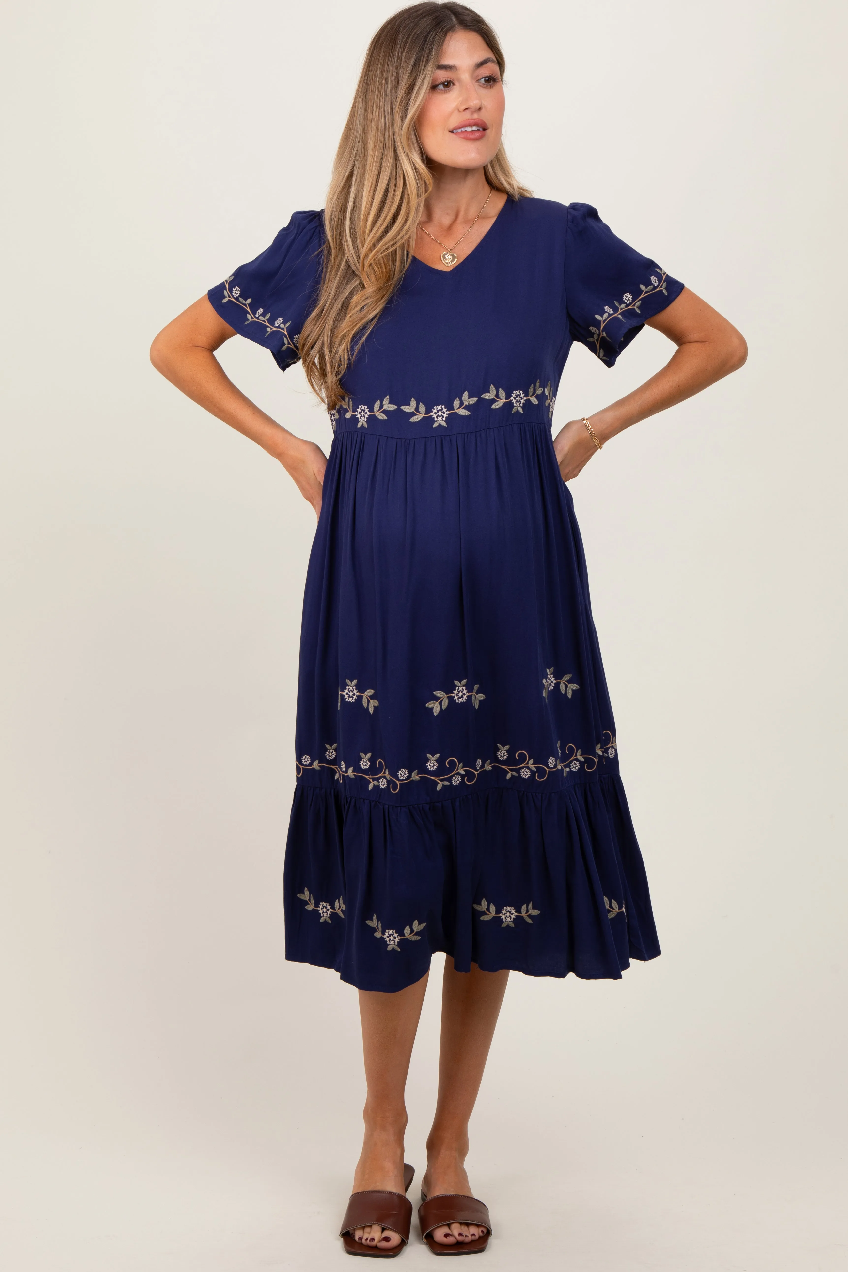 Navy Floral Lace Maternity Midi Dress sold by Pinkblush product image thumbnail 2