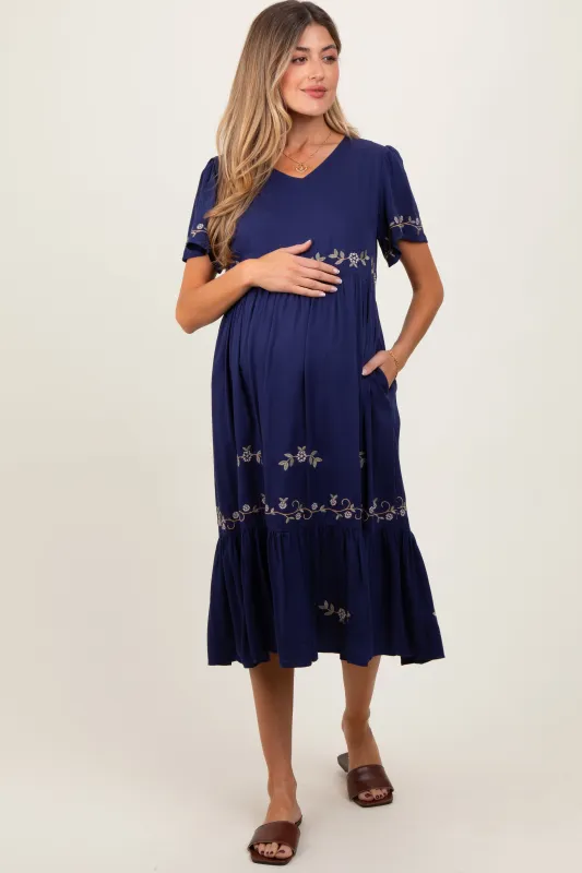 Navy Floral Lace Maternity Midi Dress sold by Pinkblush
