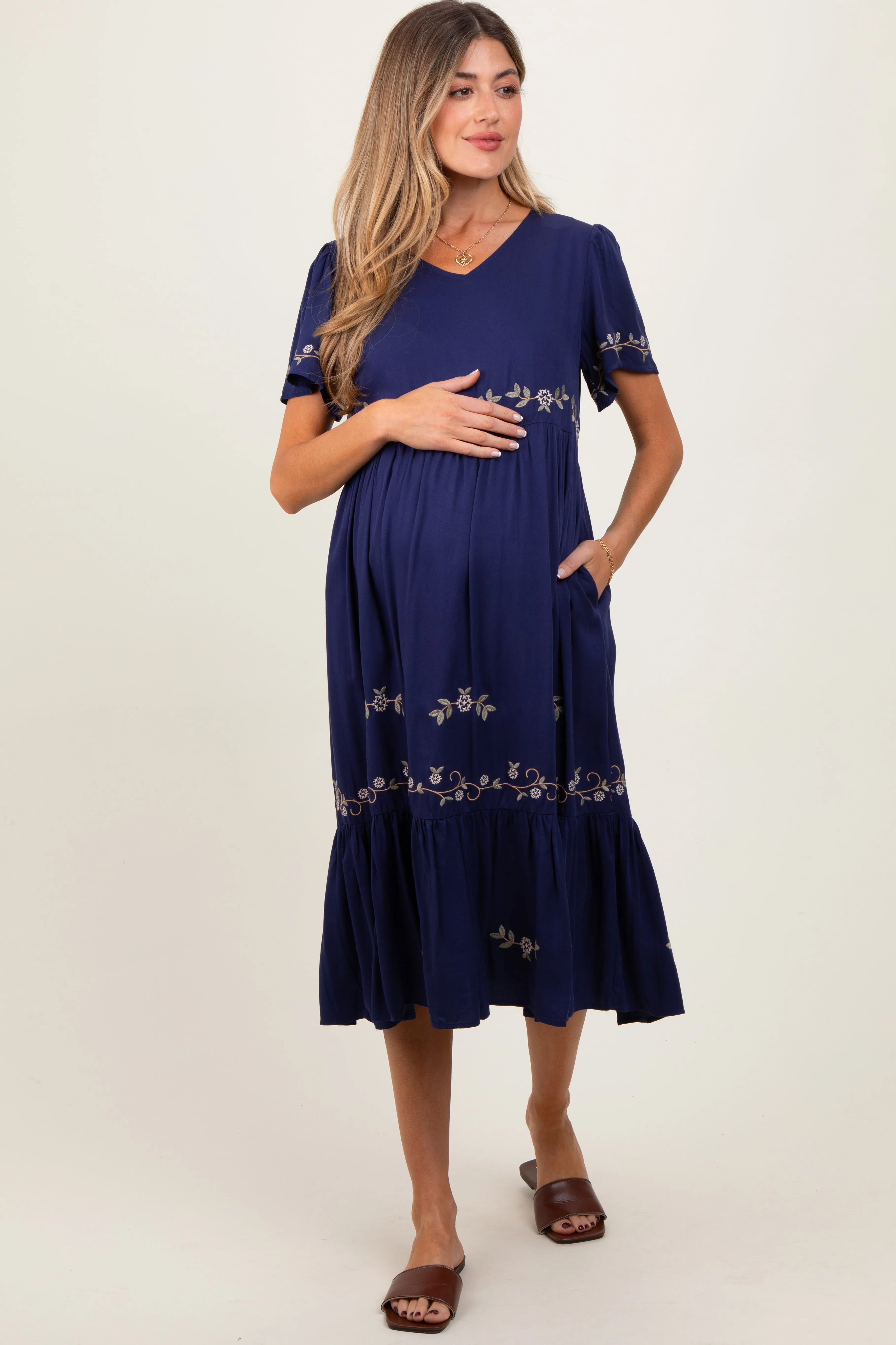 Navy Floral Lace Maternity Midi Dress sold by Pinkblush