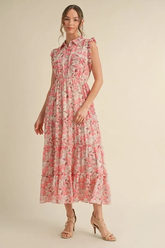 Pink Floral Print Chiffon Tiered Maxi Dress sold by Pinkblush