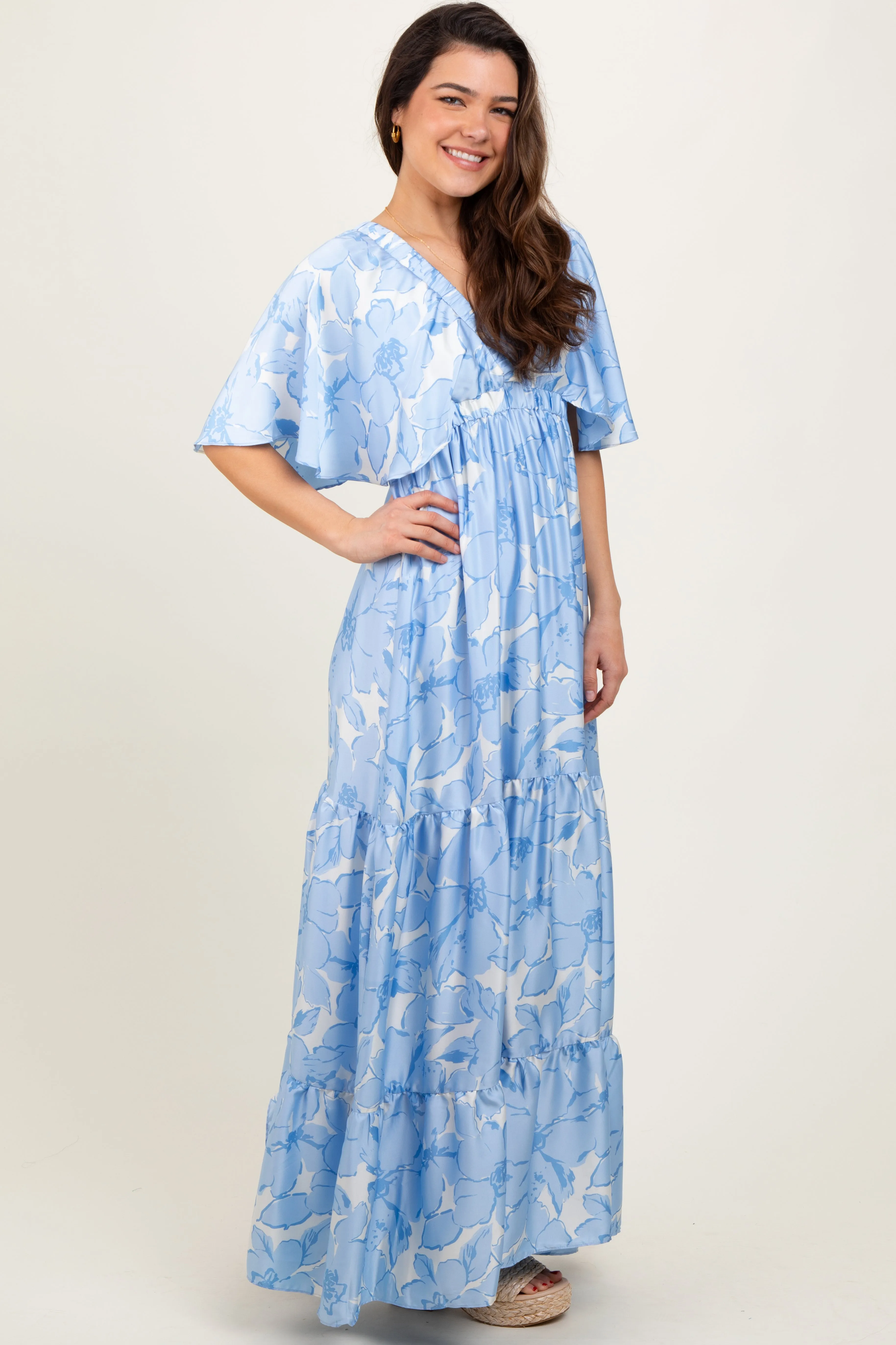 Light Blue Floral Short Sleep Deep V-Neck Tiered Maxi Dress sold by Pinkblush product image thumbnail 3