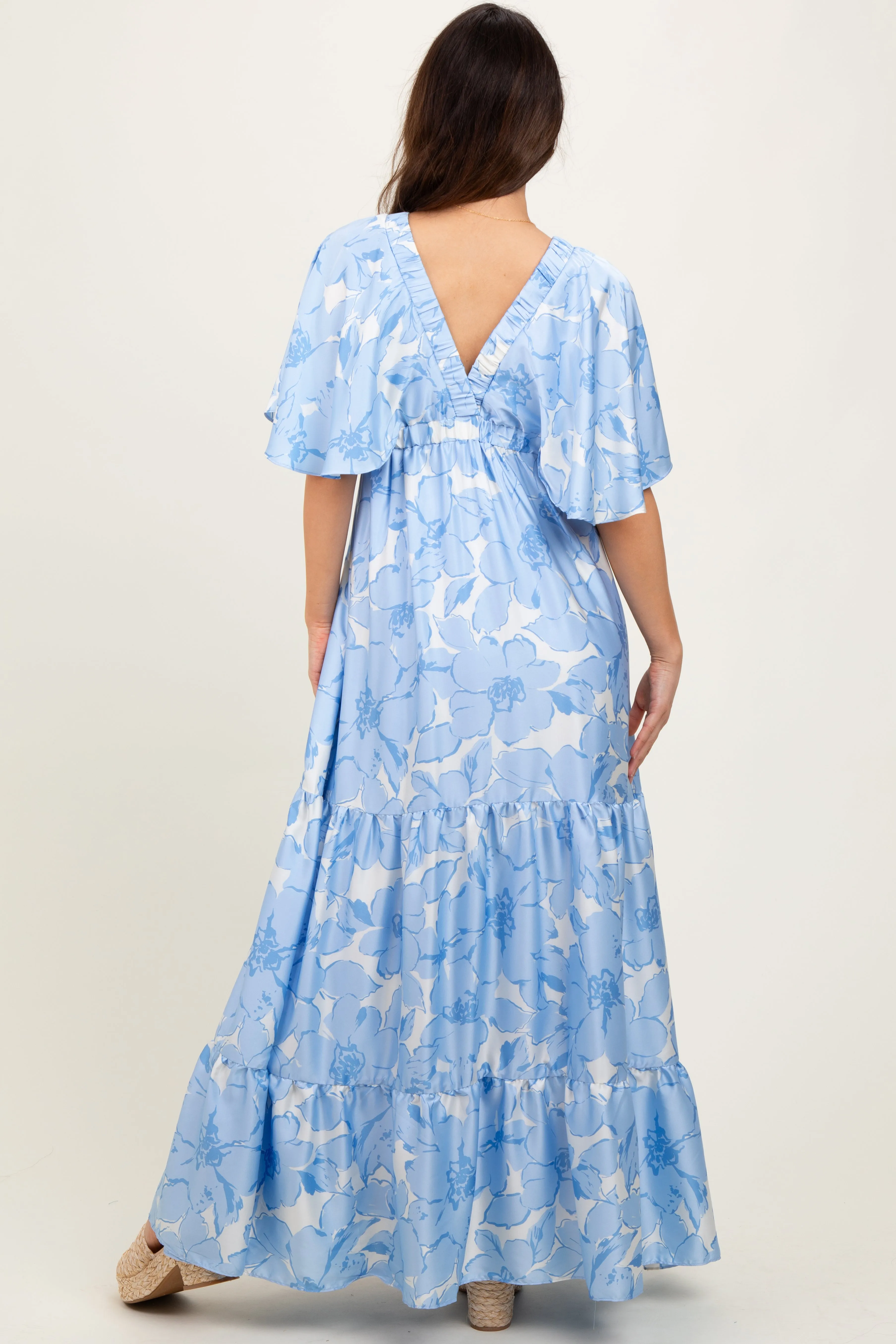 Light Blue Floral Short Sleep Deep V-Neck Tiered Maxi Dress sold by Pinkblush product image thumbnail 4