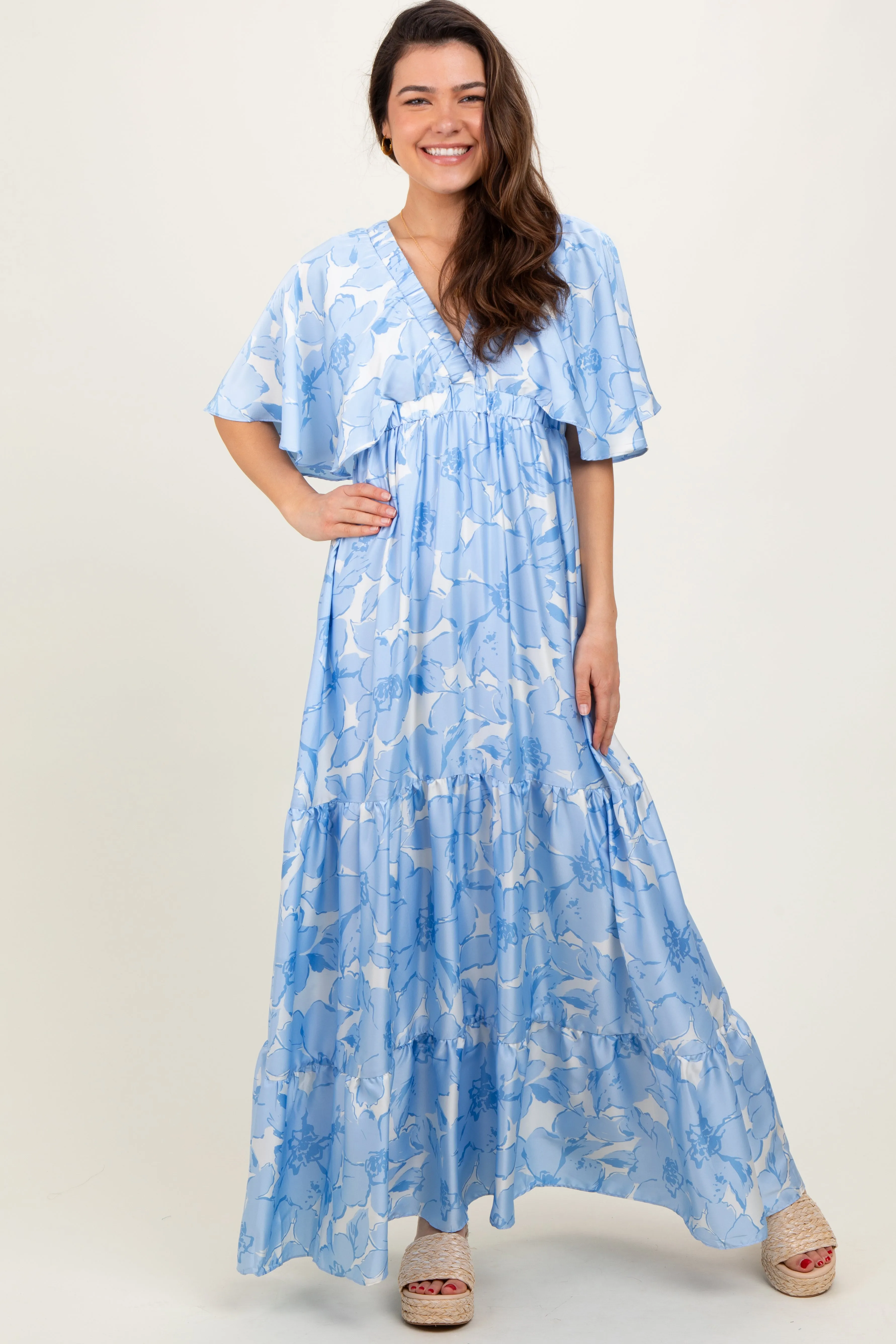 Light Blue Floral Short Sleep Deep V-Neck Tiered Maxi Dress sold by Pinkblush