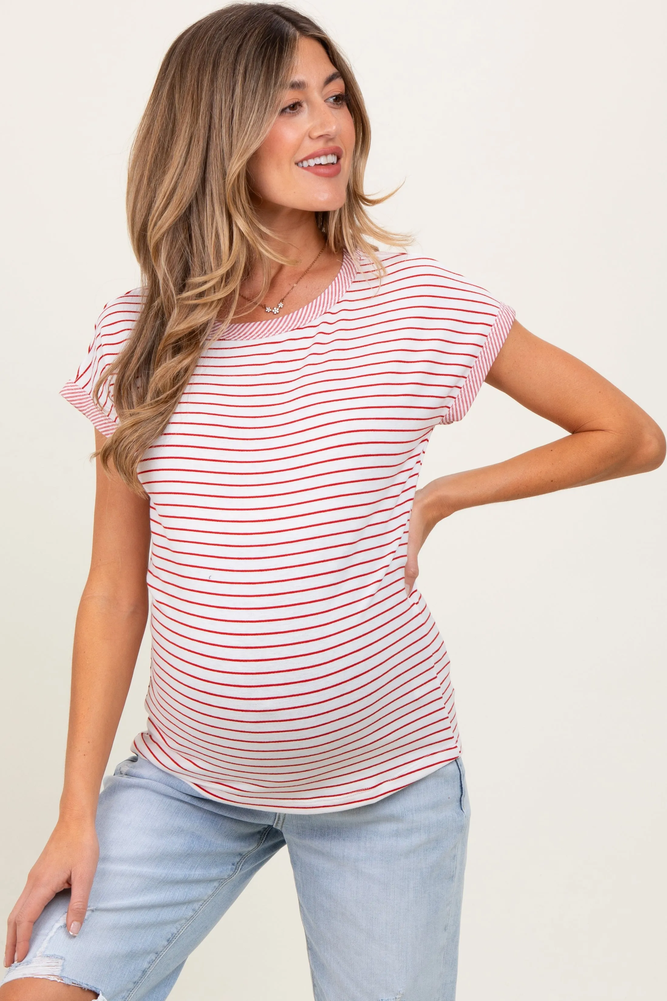 Red Pinstripe Soft Terry Short Sleeve Maternity Top sold by Pinkblush