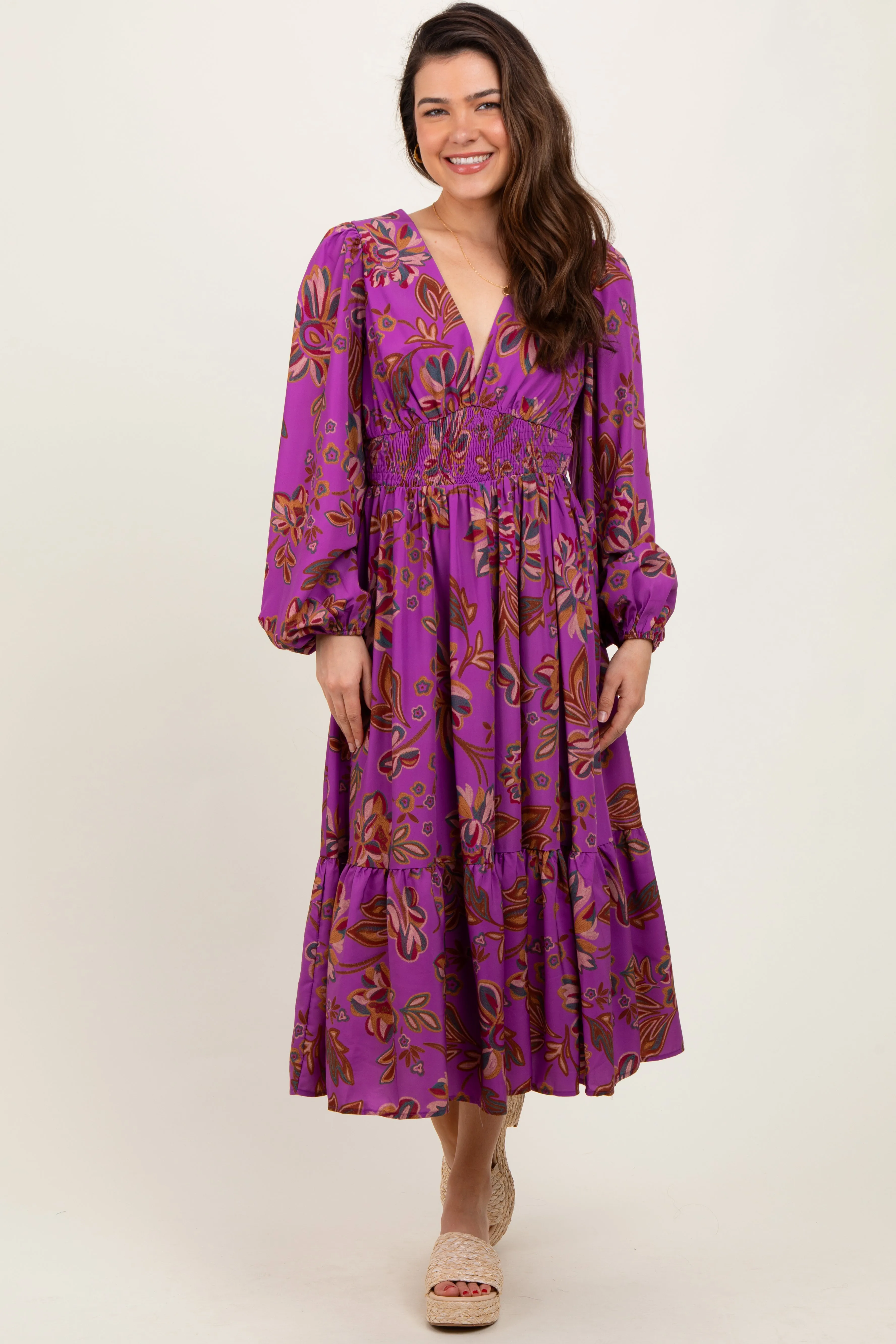 Plum Floral Smocked Waist Long Sleeve Maternity Midi Dress sold by Pinkblush product image thumbnail 5