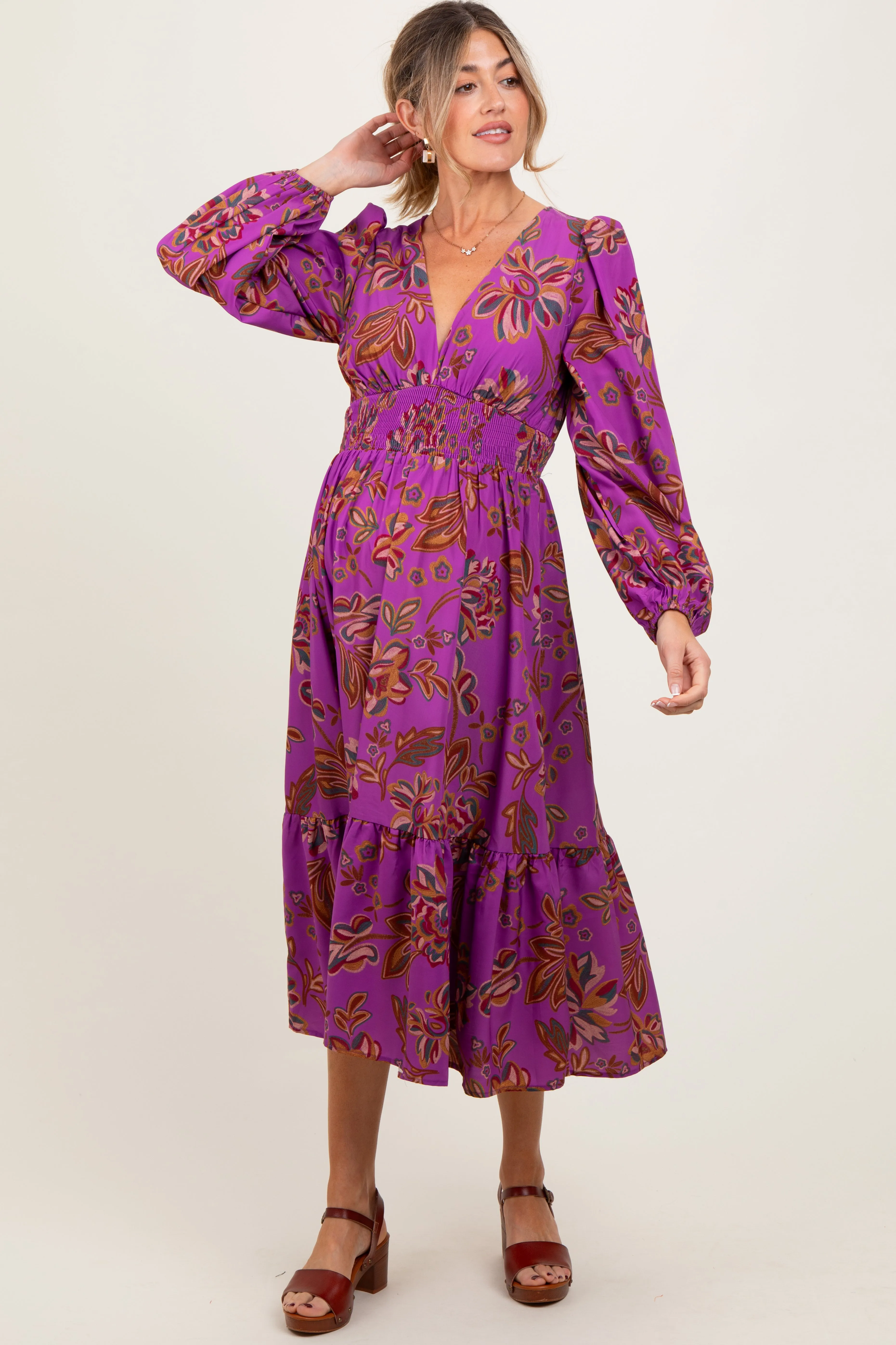 Plum Floral Smocked Waist Long Sleeve Maternity Midi Dress sold by Pinkblush product image thumbnail 2