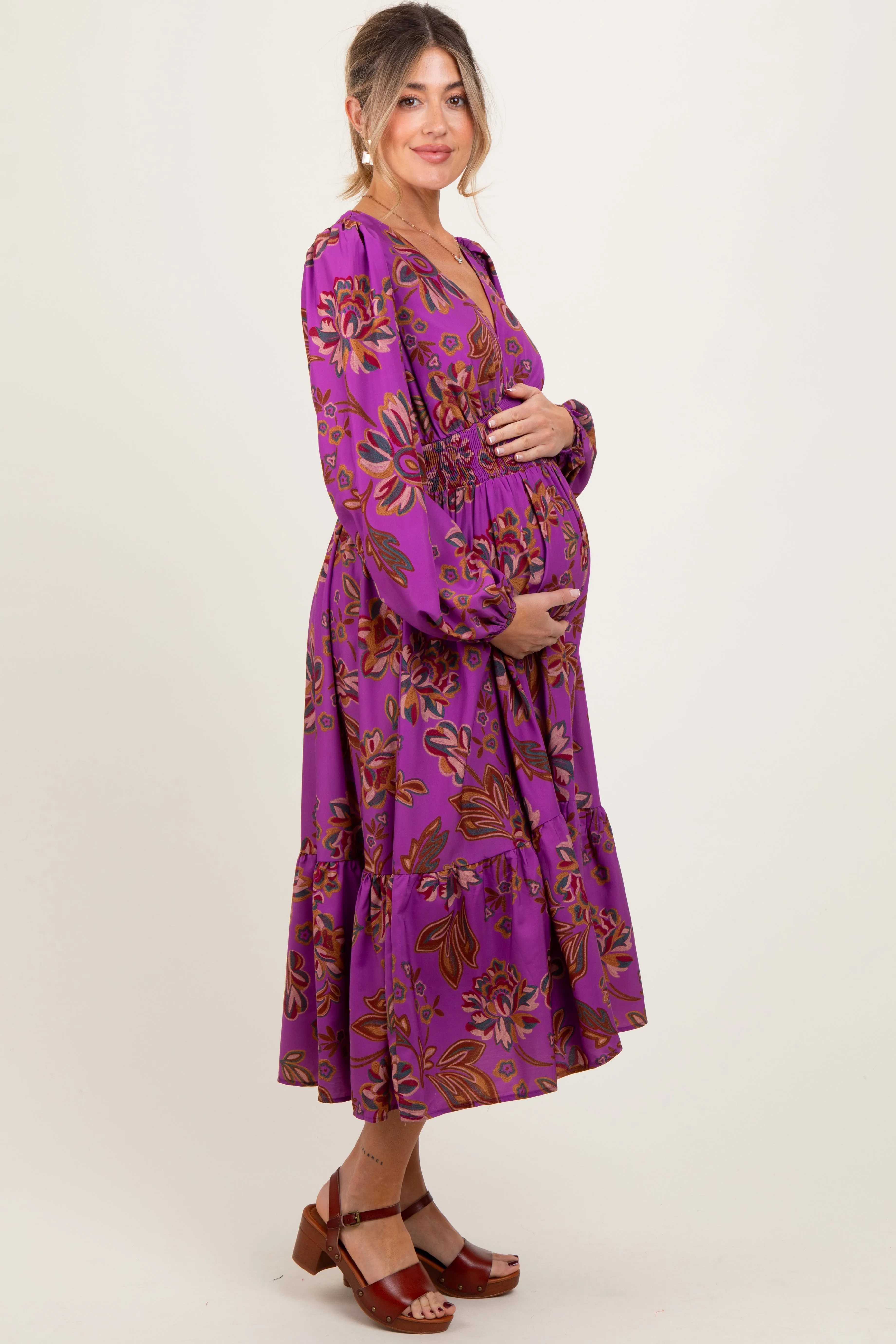 Plum Floral Smocked Waist Long Sleeve Maternity Midi Dress sold by Pinkblush product image thumbnail 3
