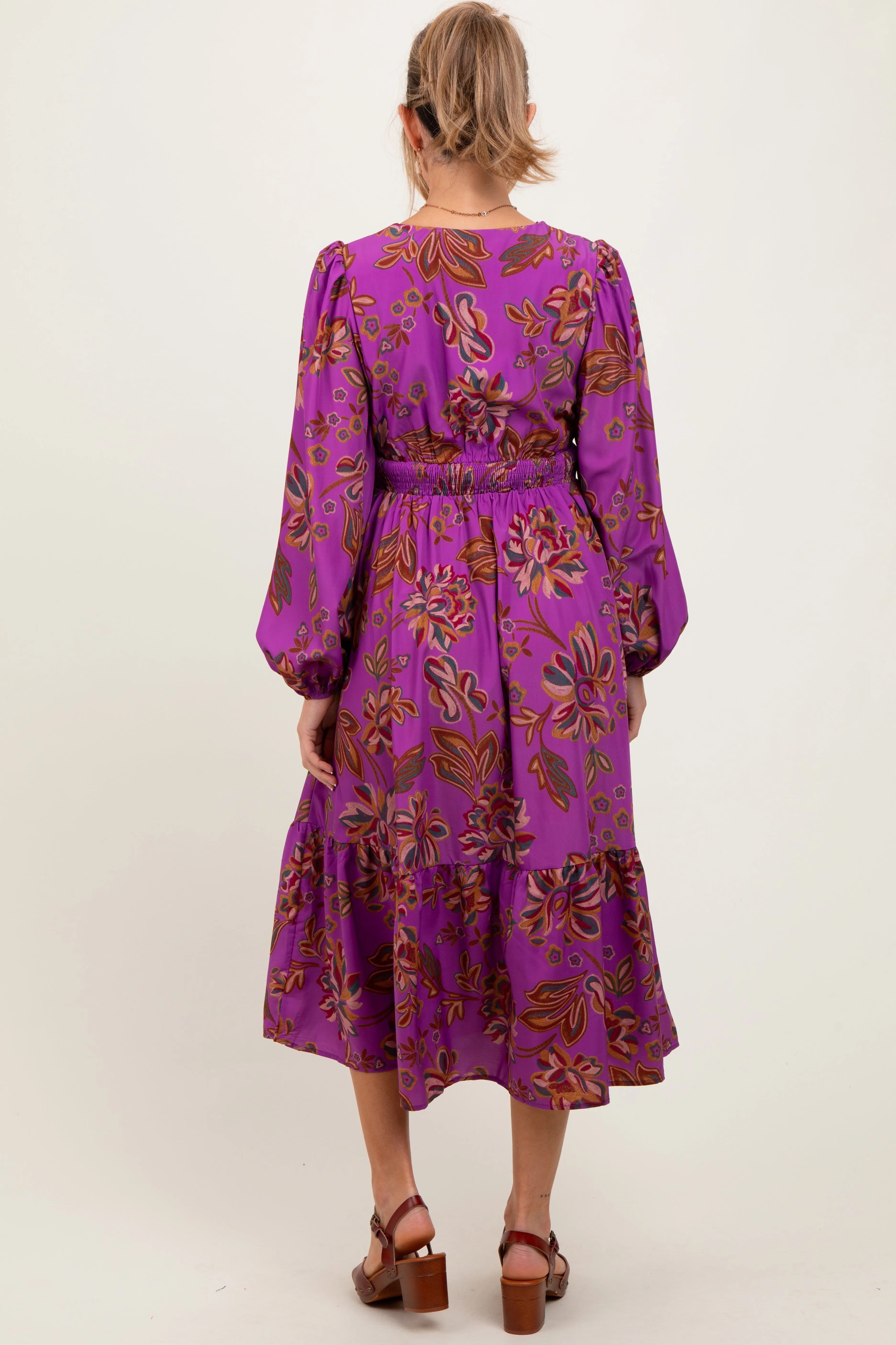 Plum Floral Smocked Waist Long Sleeve Maternity Midi Dress sold by Pinkblush product image thumbnail 4