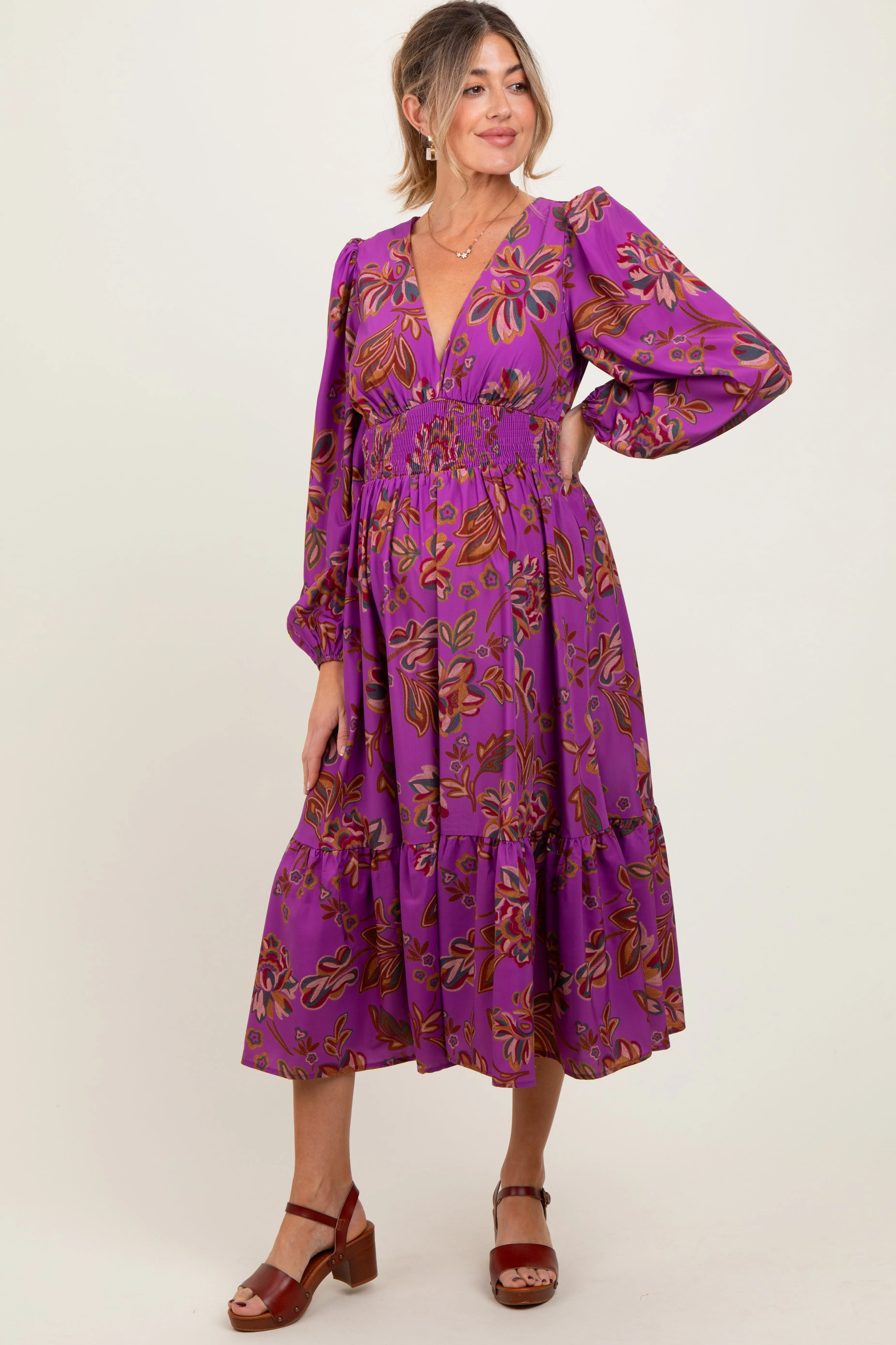 Plum Floral Smocked Waist Long Sleeve Maternity Midi Dress sold by Pinkblush