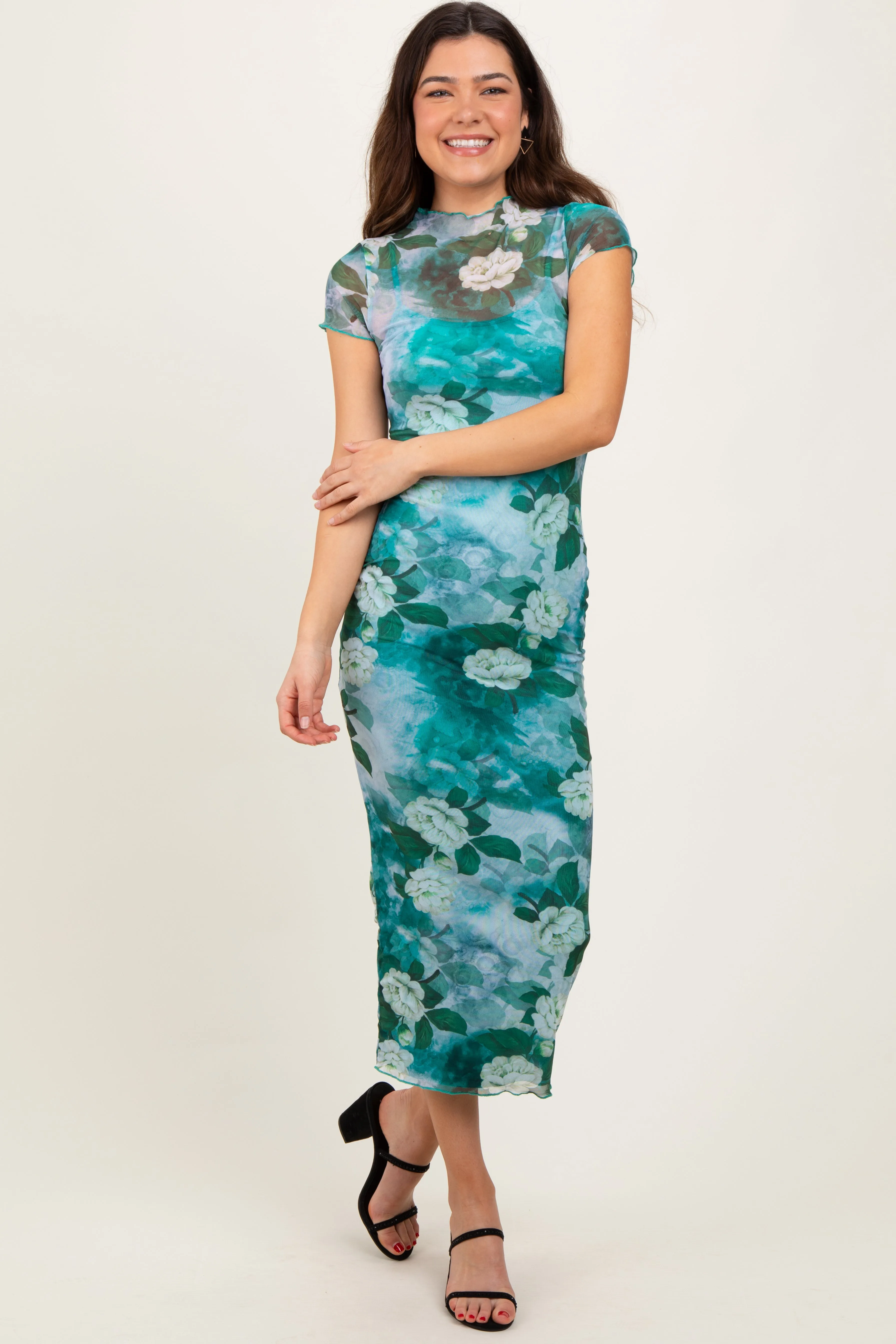 Green Floral Mesh Overlay Fitted Maxi Dress sold by Pinkblush