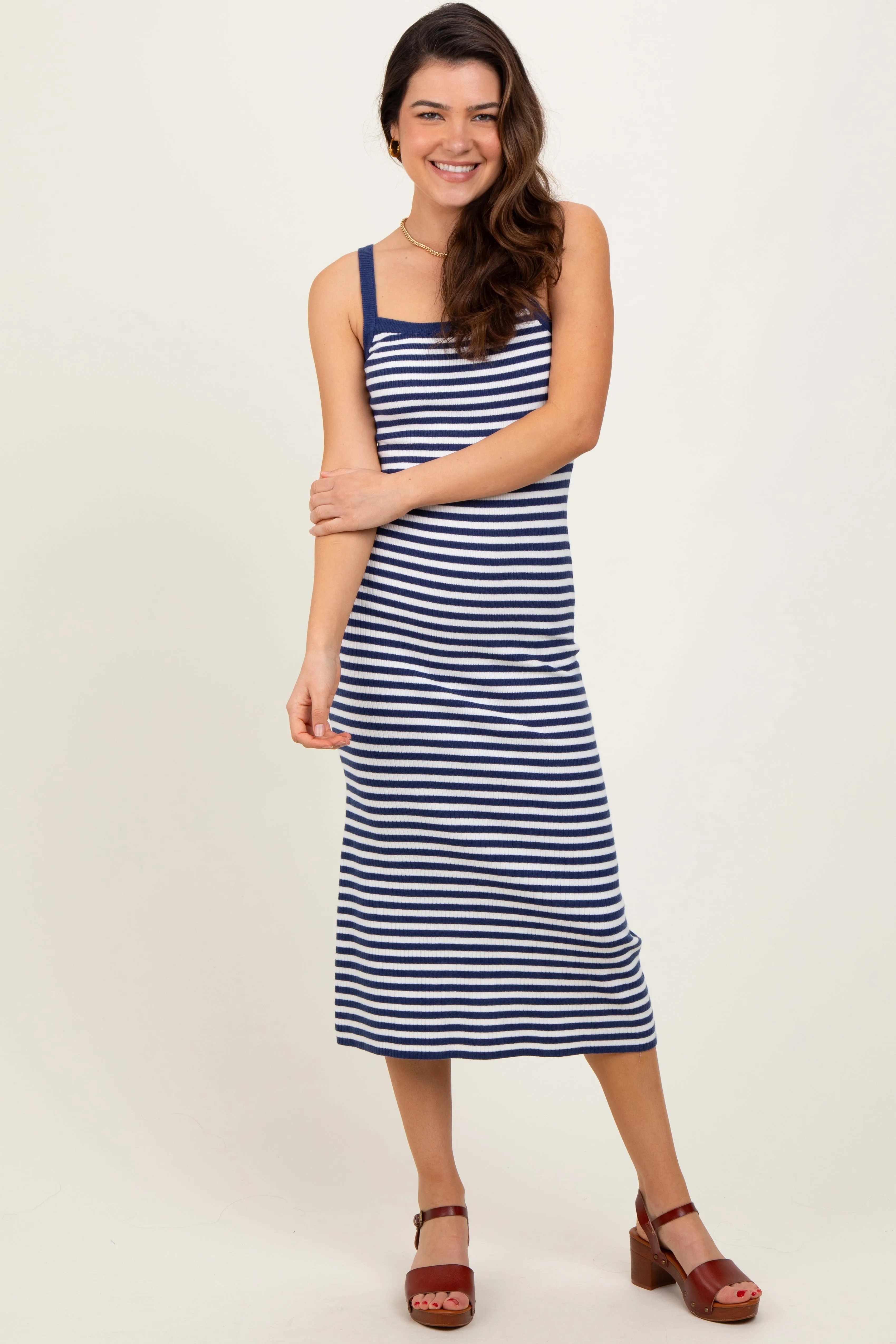 Navy Striped Knit Sleeveless Midi Dress sold by Pinkblush product image thumbnail 2