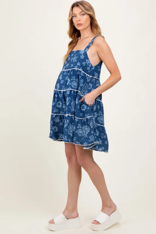 Navy Blue Floral Tiered Maternity Mini Dress sold by Pinkblush