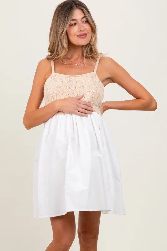 White Crochet Knit Contrast Maternity Mini Dress sold by Pinkblush