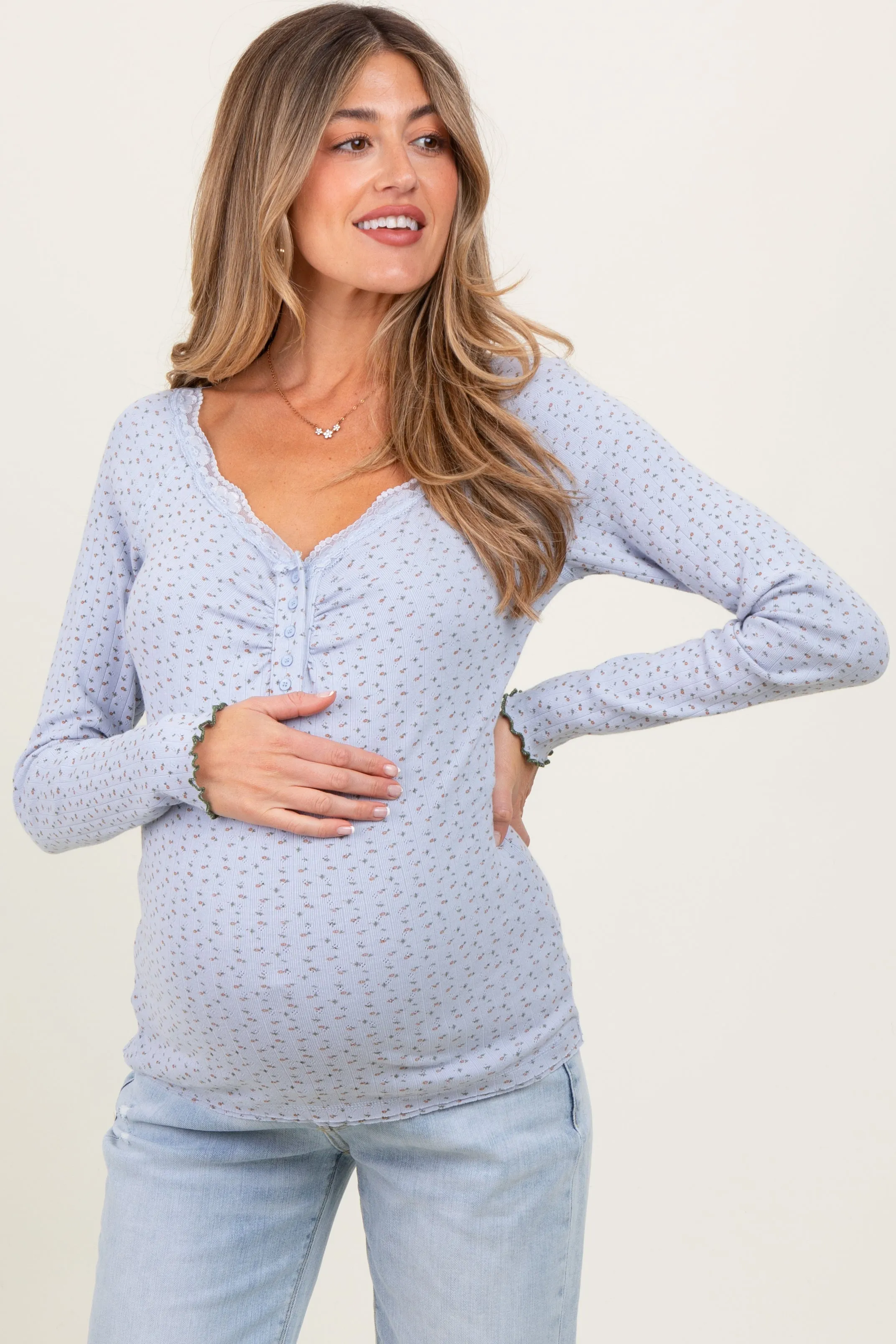 Light Blue Lace Trim Floral Fitted Top sold by Pinkblush