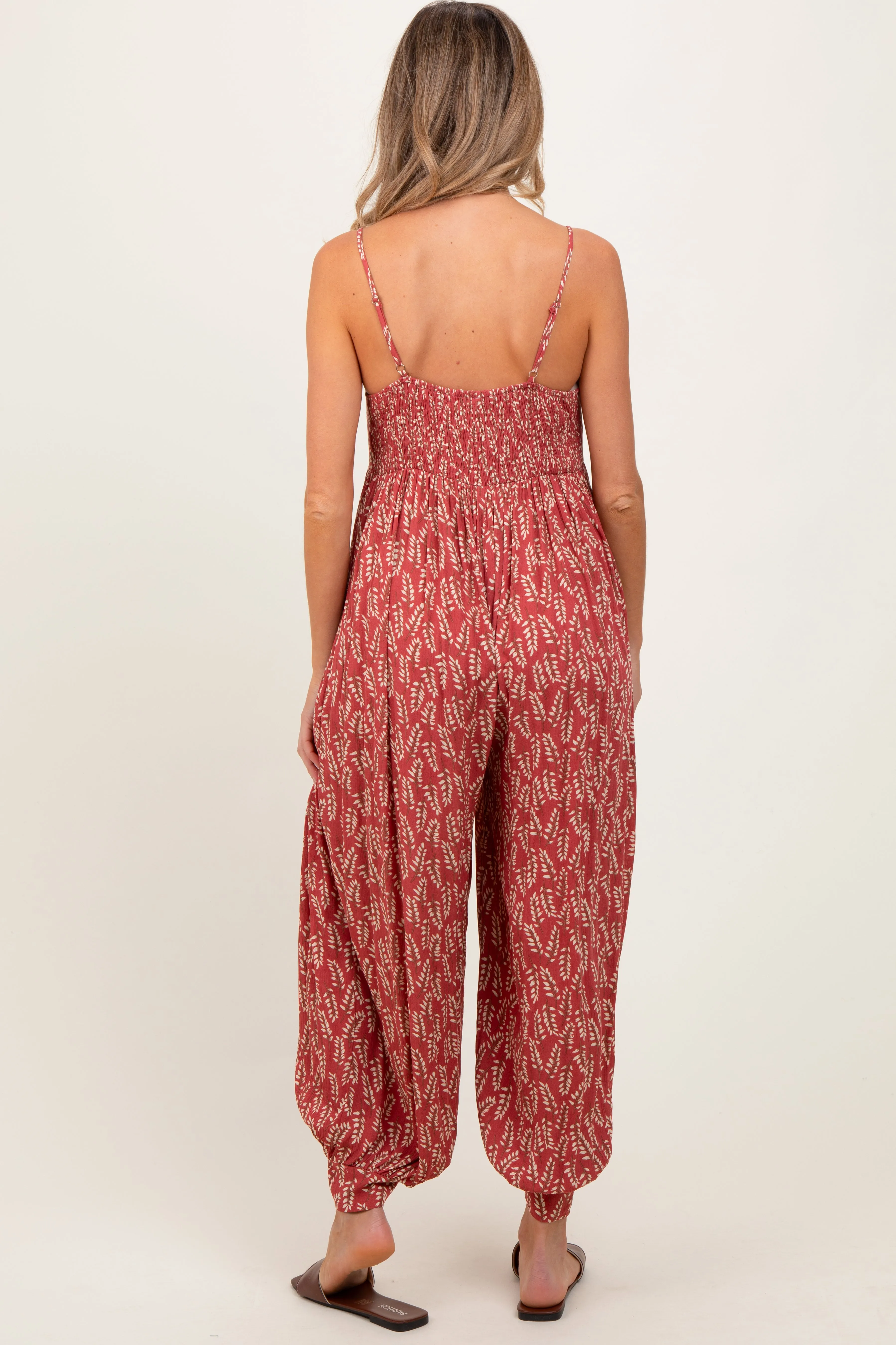 Rust Leaf Print Sleeveless Barrel Leg Maternity Jumpsuit sold by Pinkblush product image thumbnail 3