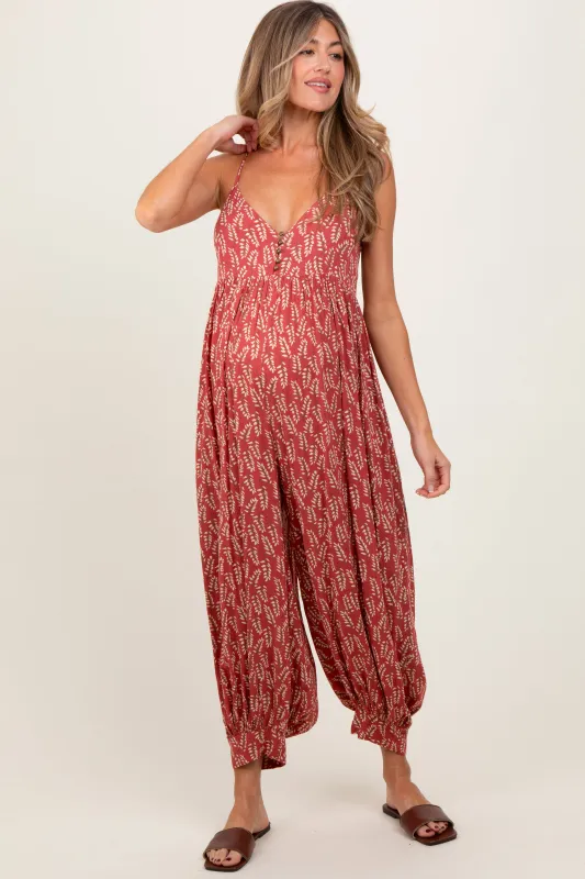 Rust Leaf Print Sleeveless Barrel Leg Maternity Jumpsuit sold by Pinkblush