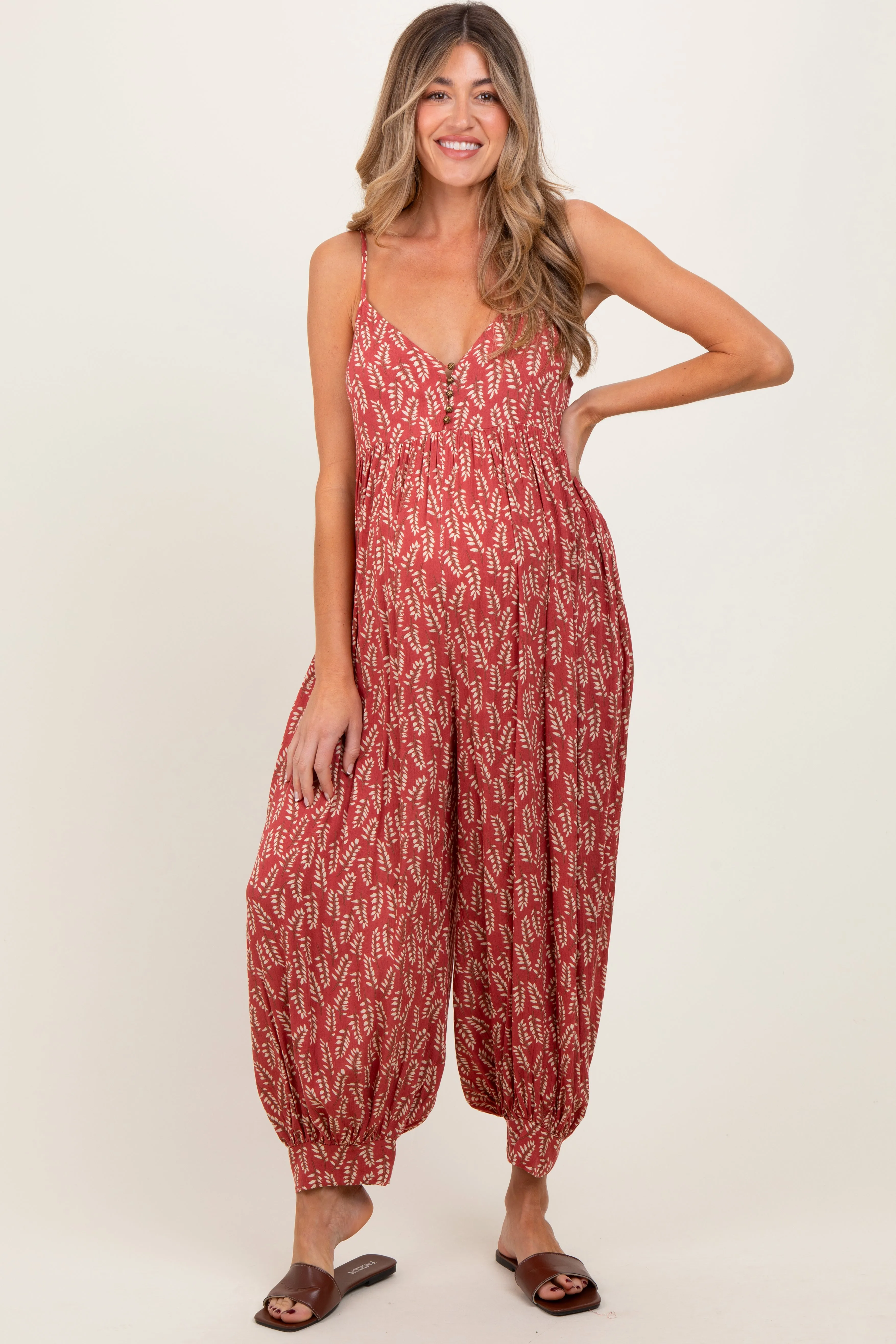 Rust Leaf Print Sleeveless Barrel Leg Maternity Jumpsuit sold by Pinkblush product image thumbnail 2
