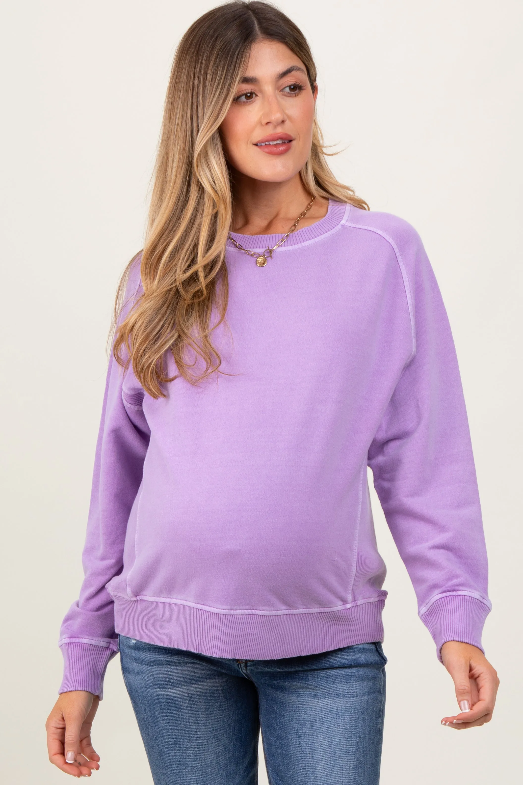 Lavender French Terry Vintage Wash Maternity Pullover sold by Pinkblush