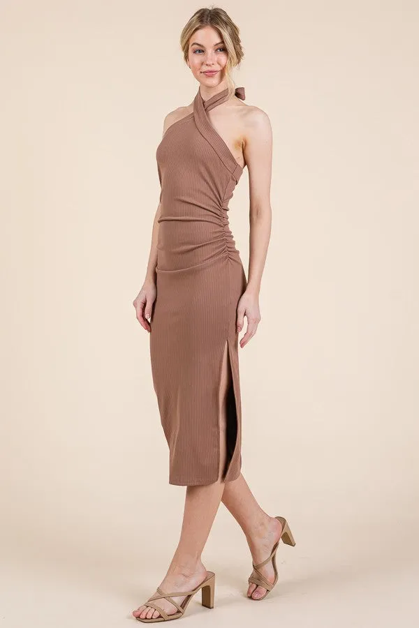Mocha Halter Tied Criss-Cross Ribbed Midi Dress sold by Pinkblush product image thumbnail 2