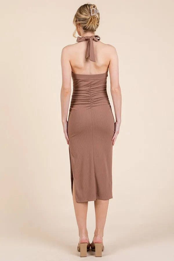 Mocha Halter Tied Criss-Cross Ribbed Midi Dress sold by Pinkblush product image thumbnail 3