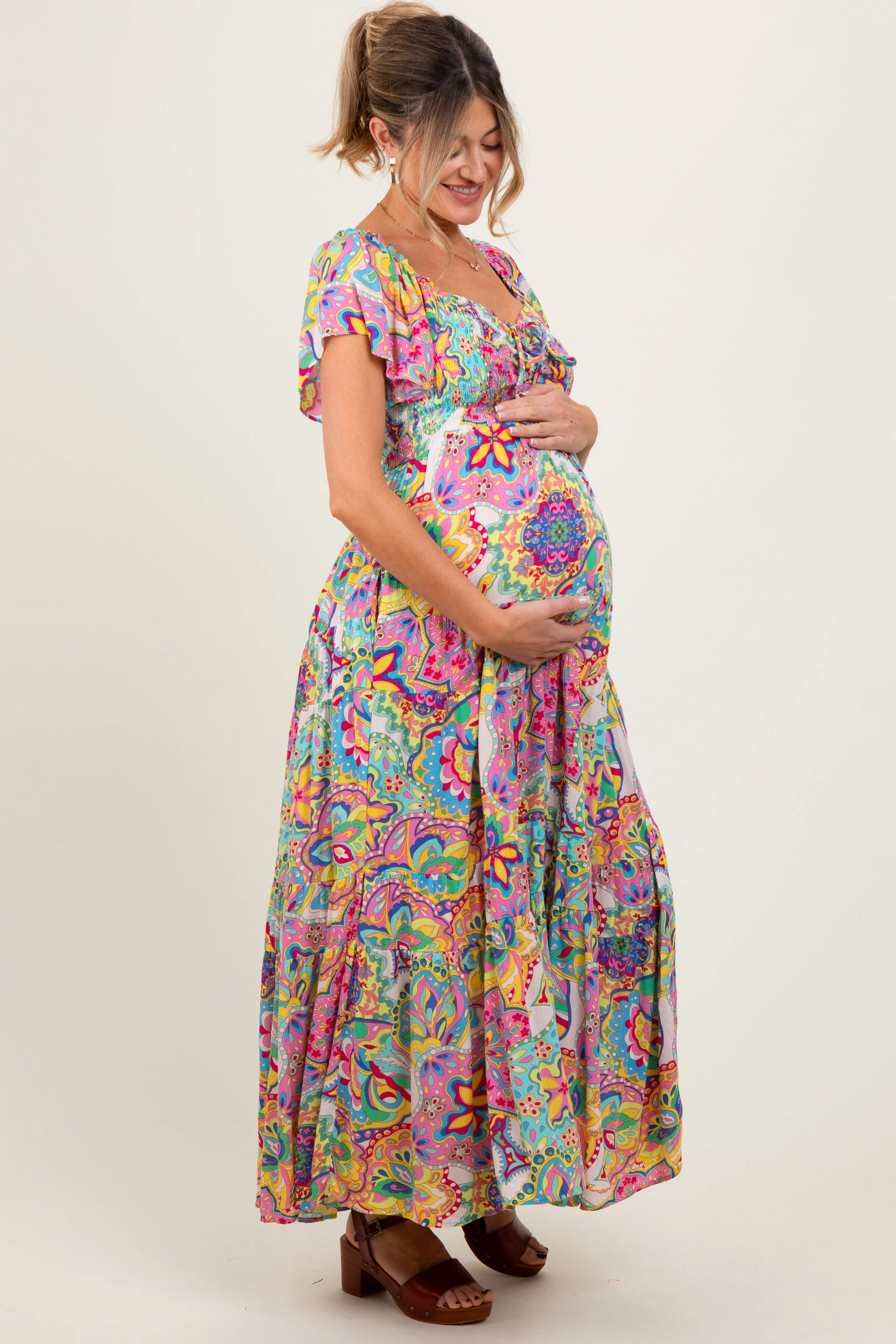 Pink Floral Paisley Smocked Tiered Maternity Maxi Dress sold by Pinkblush product image thumbnail 2