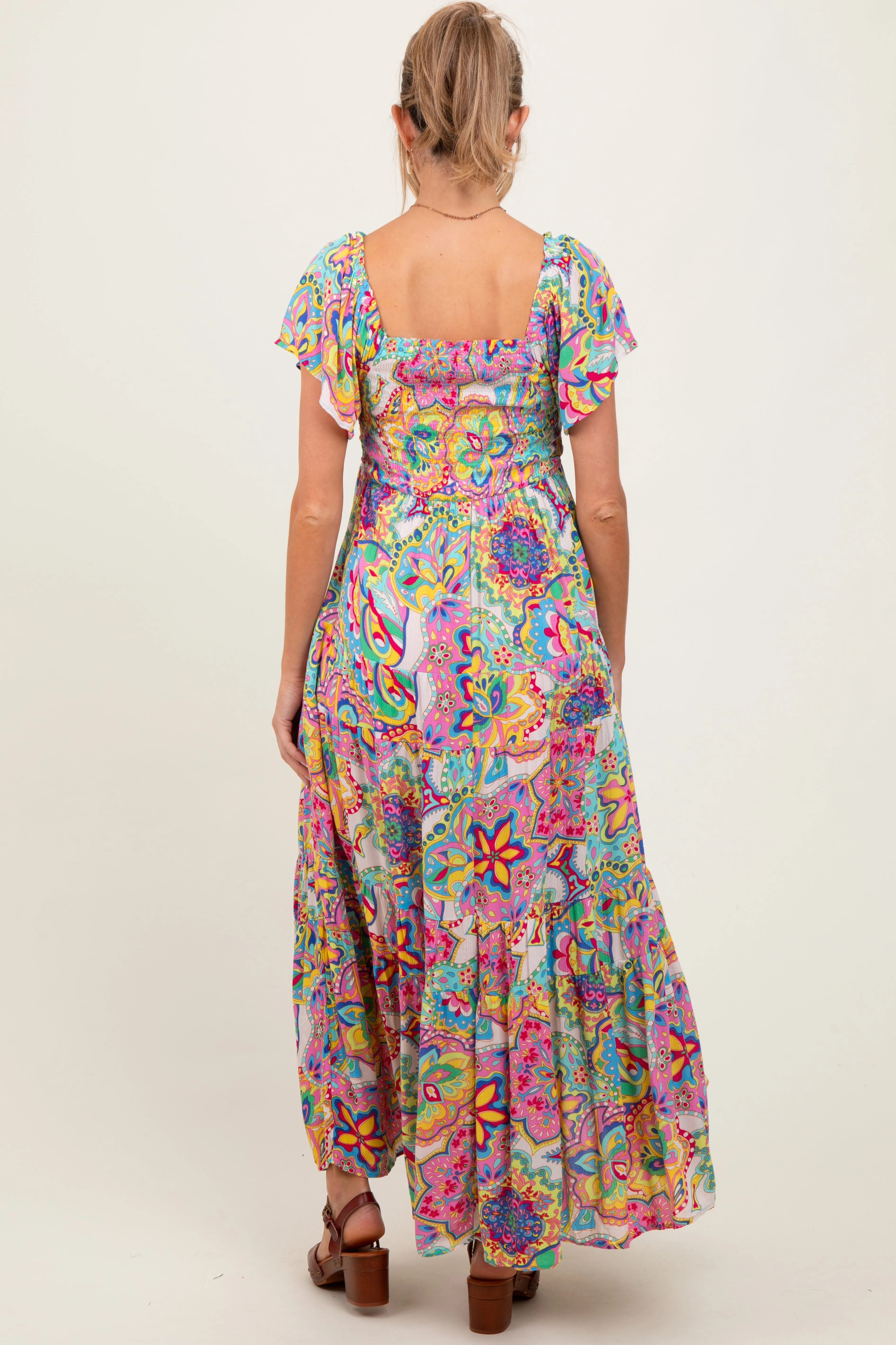 Pink Floral Paisley Smocked Tiered Maternity Maxi Dress sold by Pinkblush product image thumbnail 3