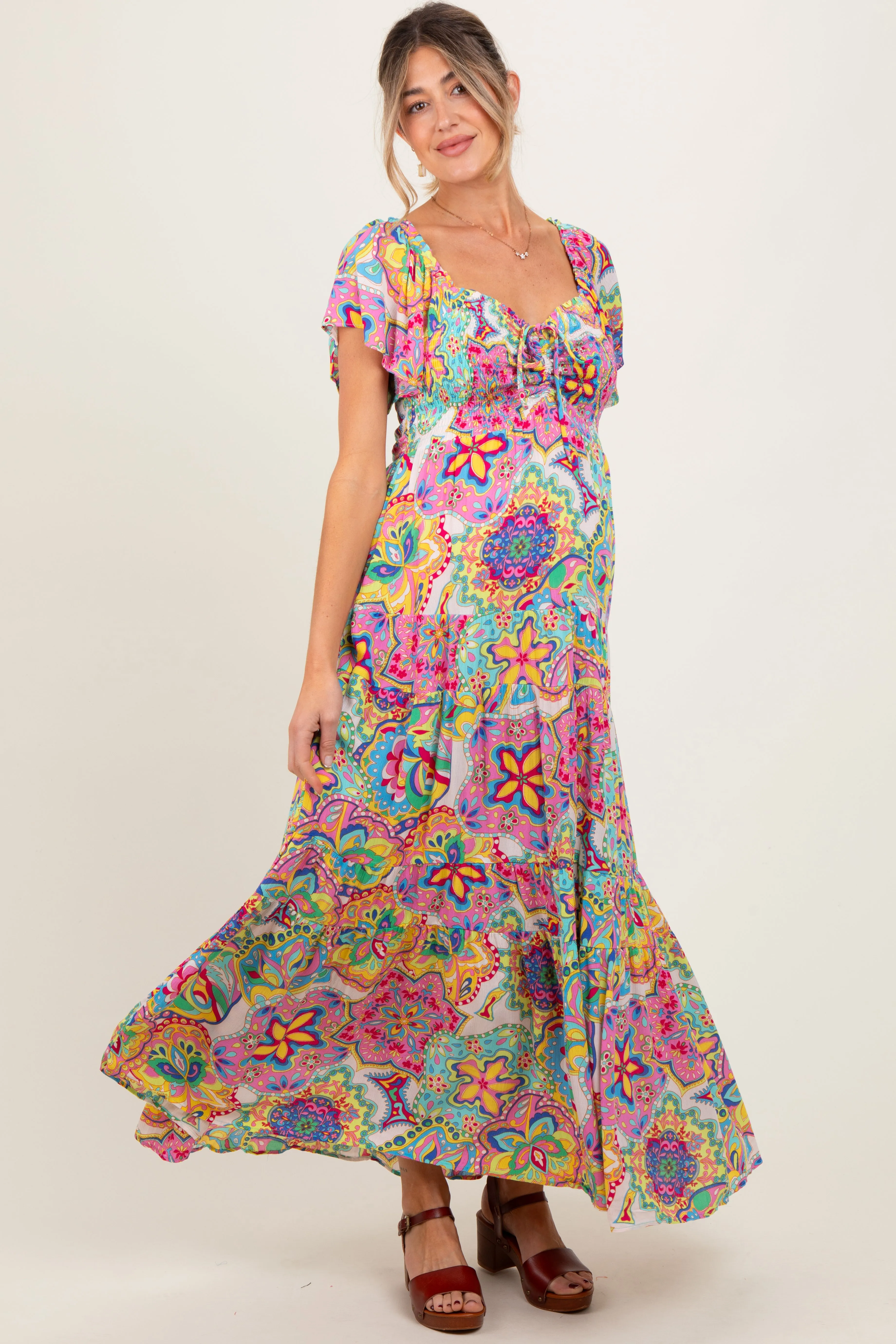 Pink Floral Paisley Smocked Tiered Maternity Maxi Dress sold by Pinkblush