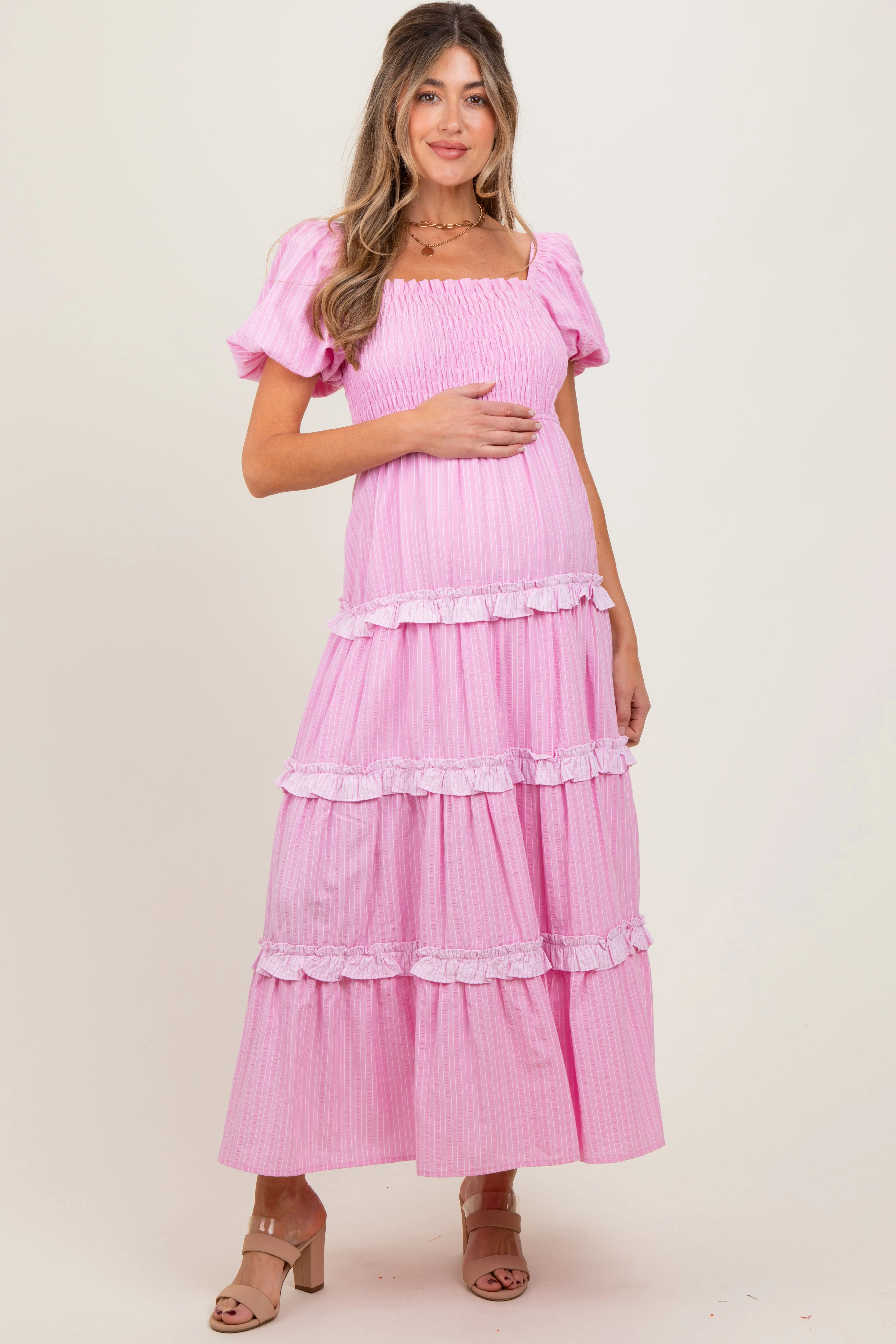 Pink Smocked Ruffle Tiered Puff Sleeve Maternity Maxi Dress sold by Pinkblush