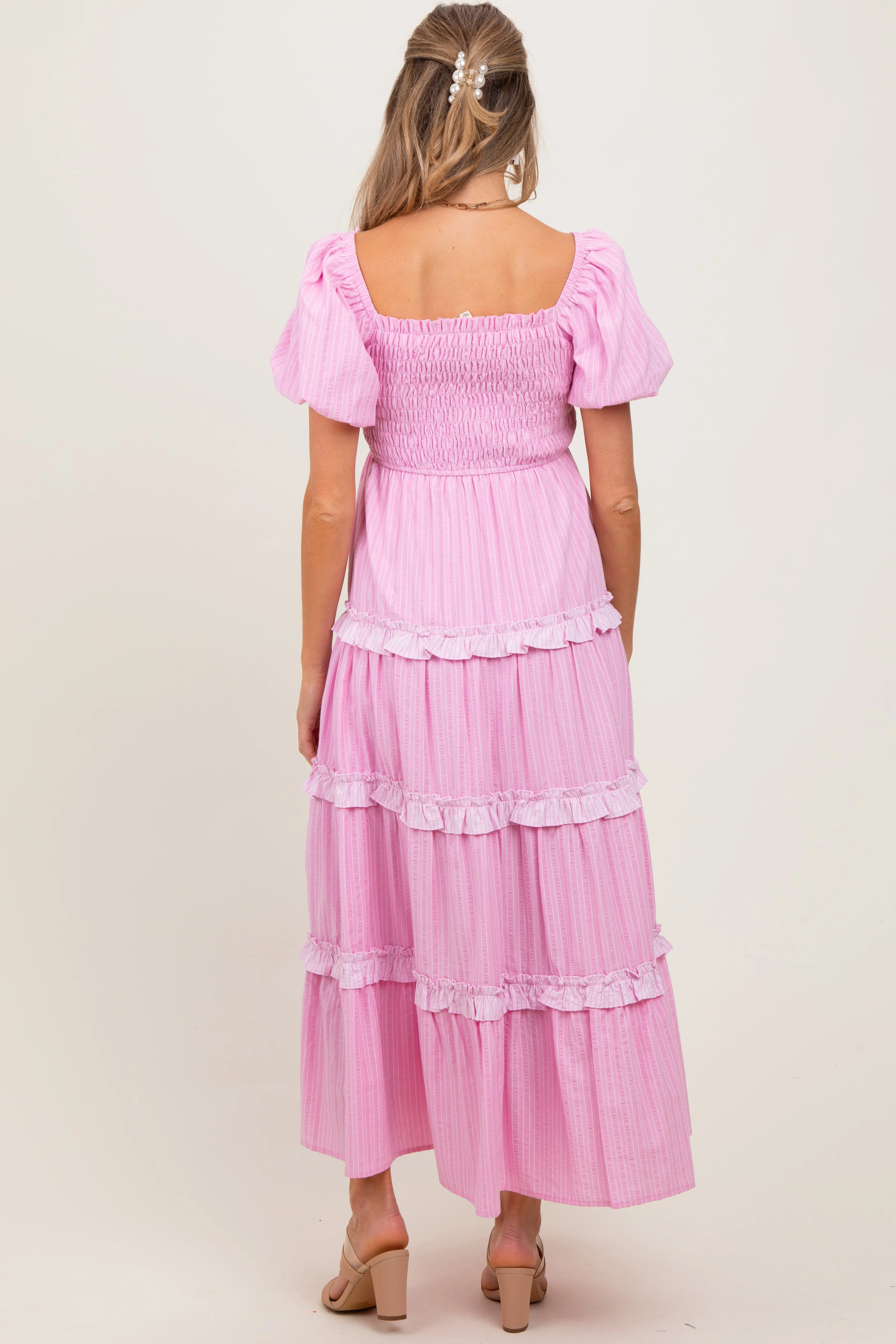 Pink Smocked Ruffle Tiered Puff Sleeve Maternity Maxi Dress sold by Pinkblush product image thumbnail 3