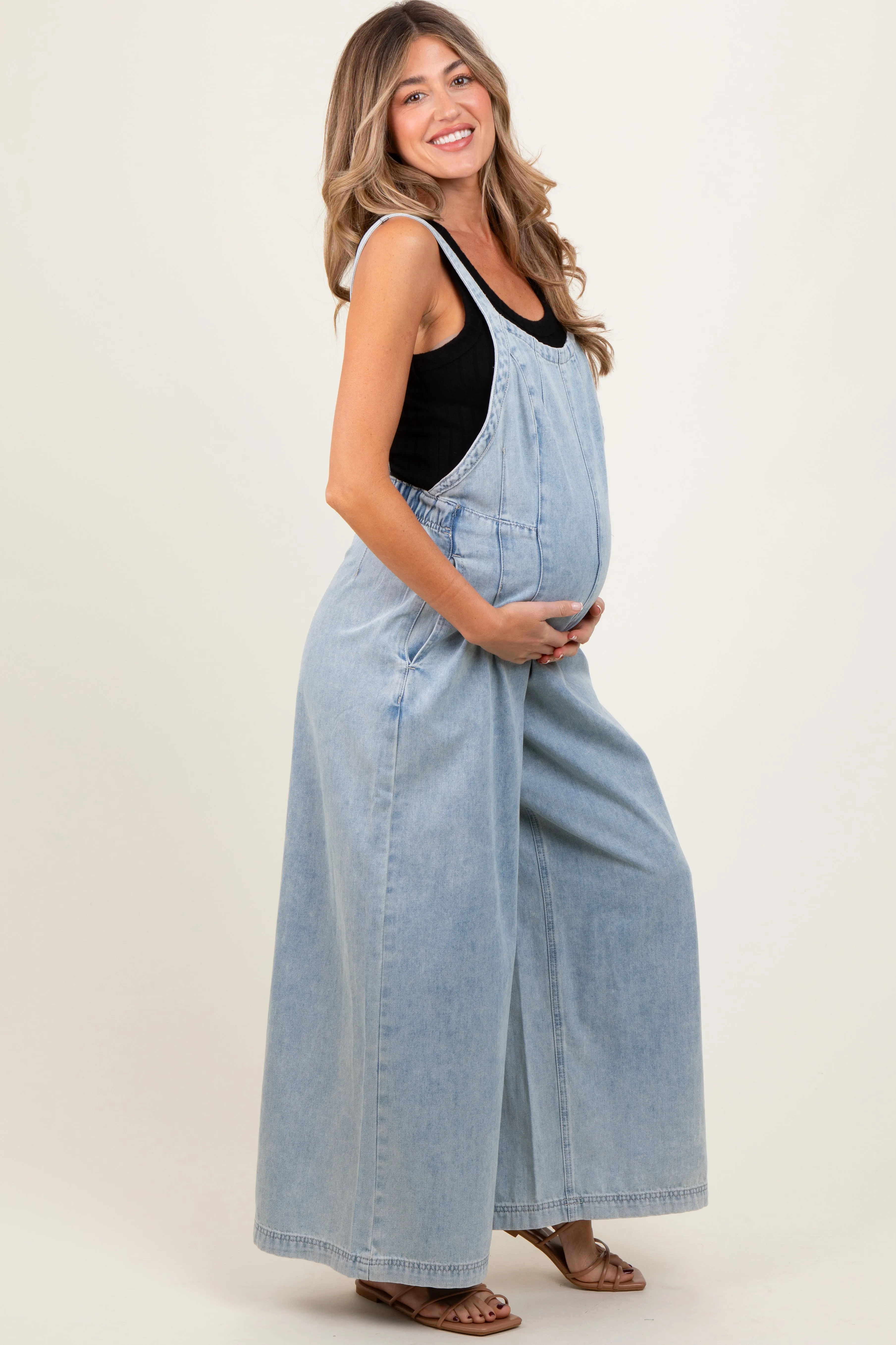 Light Blue Wide Leg Denim Maternity Jumpsuit sold by Pinkblush product image thumbnail 2