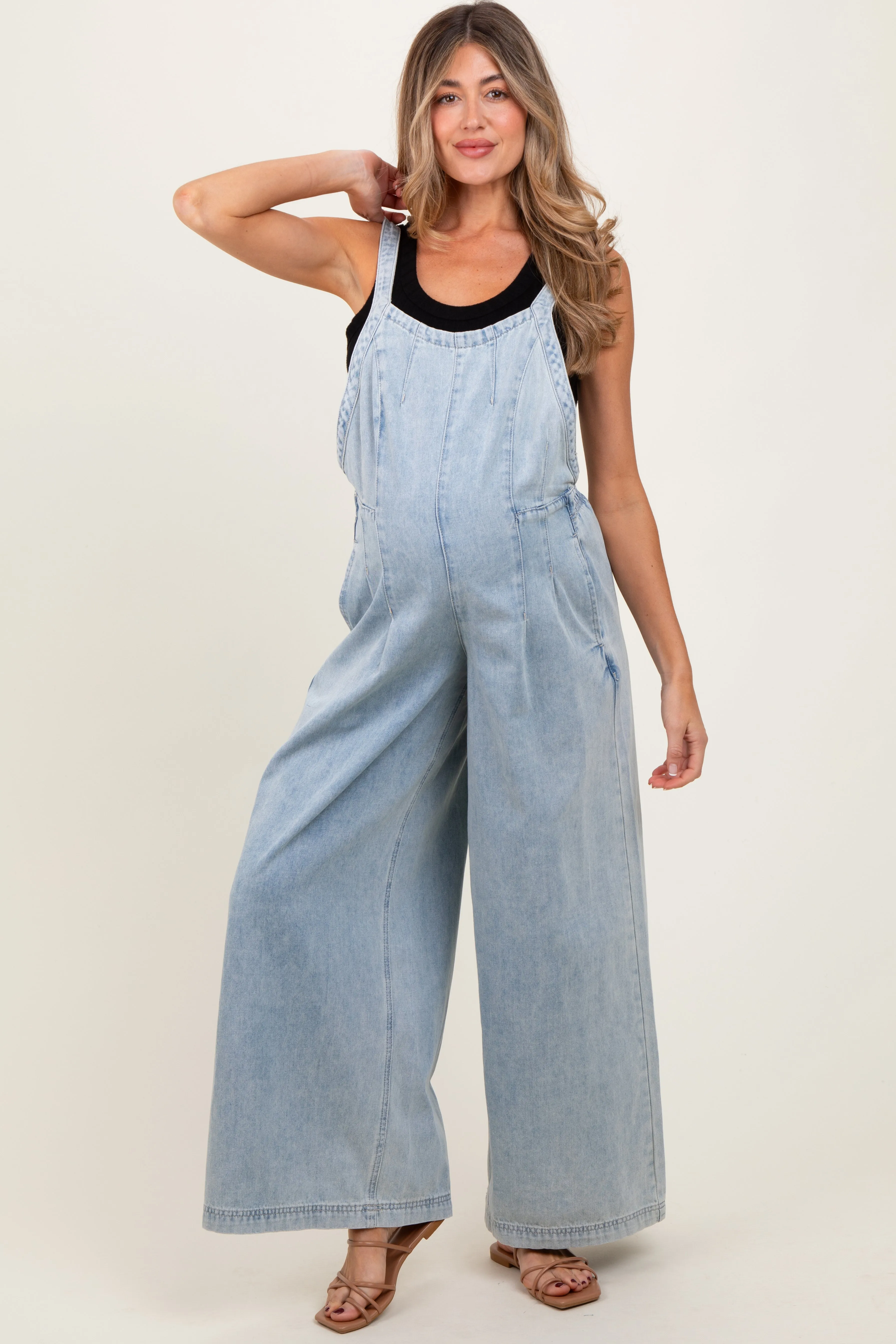 Light Blue Wide Leg Denim Maternity Jumpsuit sold by Pinkblush