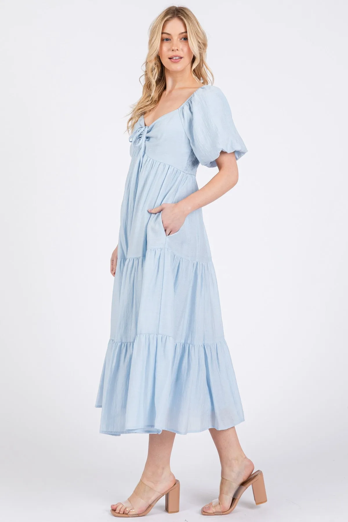 Light Blue Cinched Front Tie Puff Sleeve Midi Dress sold by Pinkblush product image thumbnail 3