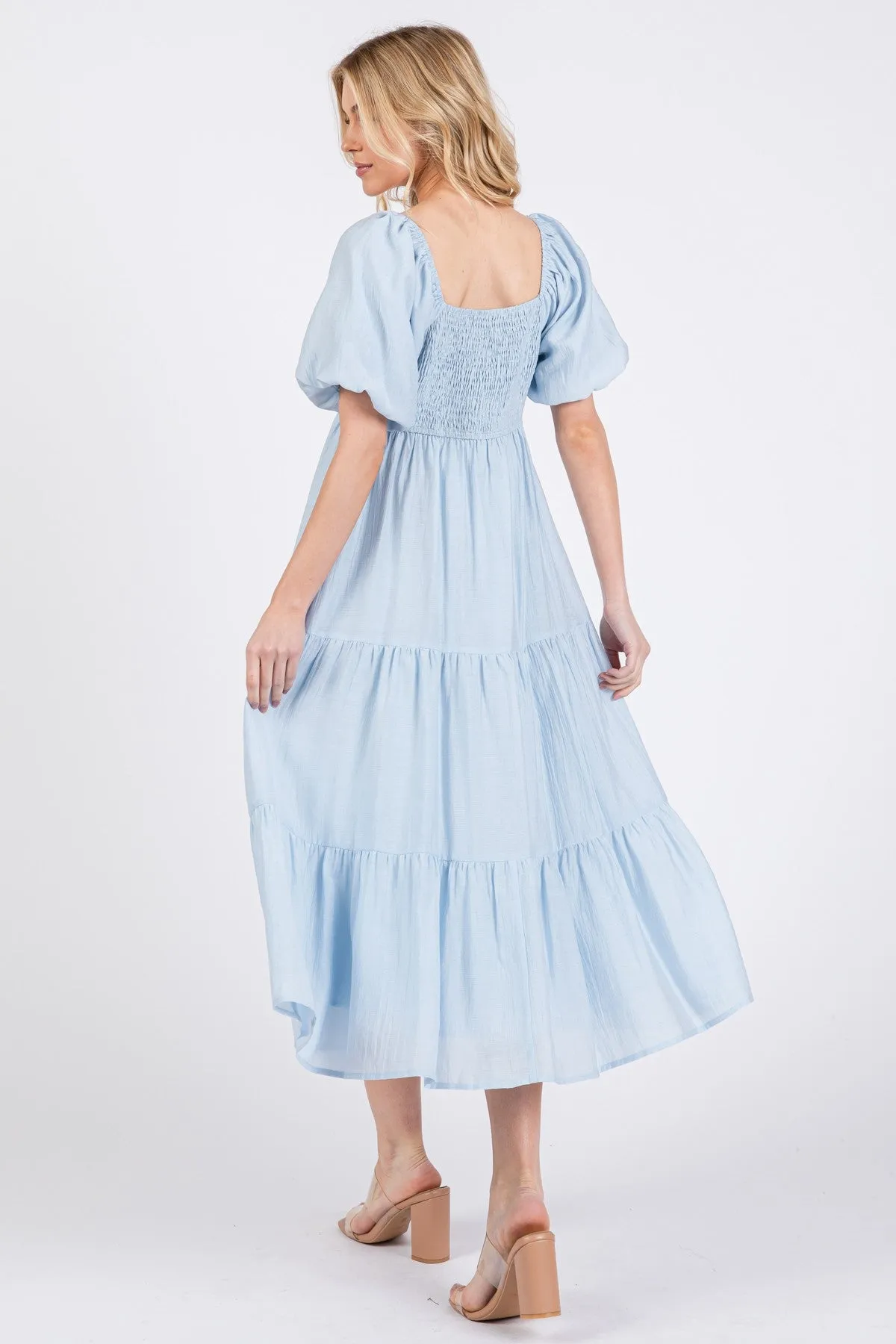 Light Blue Cinched Front Tie Puff Sleeve Midi Dress sold by Pinkblush product image thumbnail 4