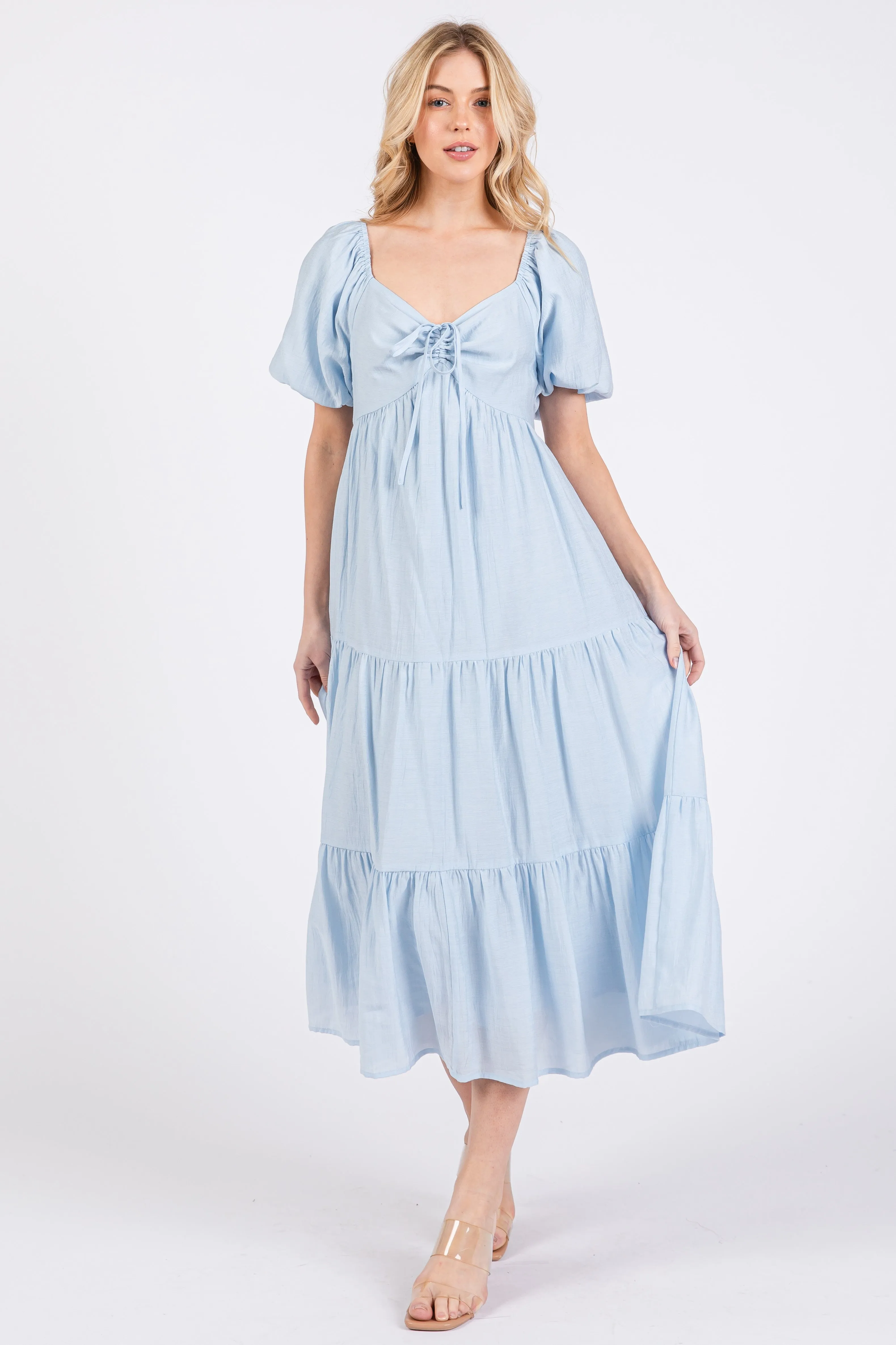 Light Blue Cinched Front Tie Puff Sleeve Midi Dress sold by Pinkblush product image thumbnail 2