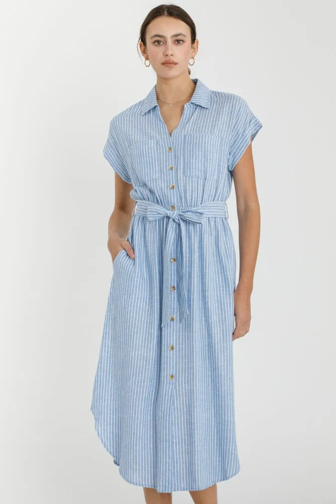 Blue Striped Sash Tie Midi Shirt Dress sold by Pinkblush product image thumbnail 4